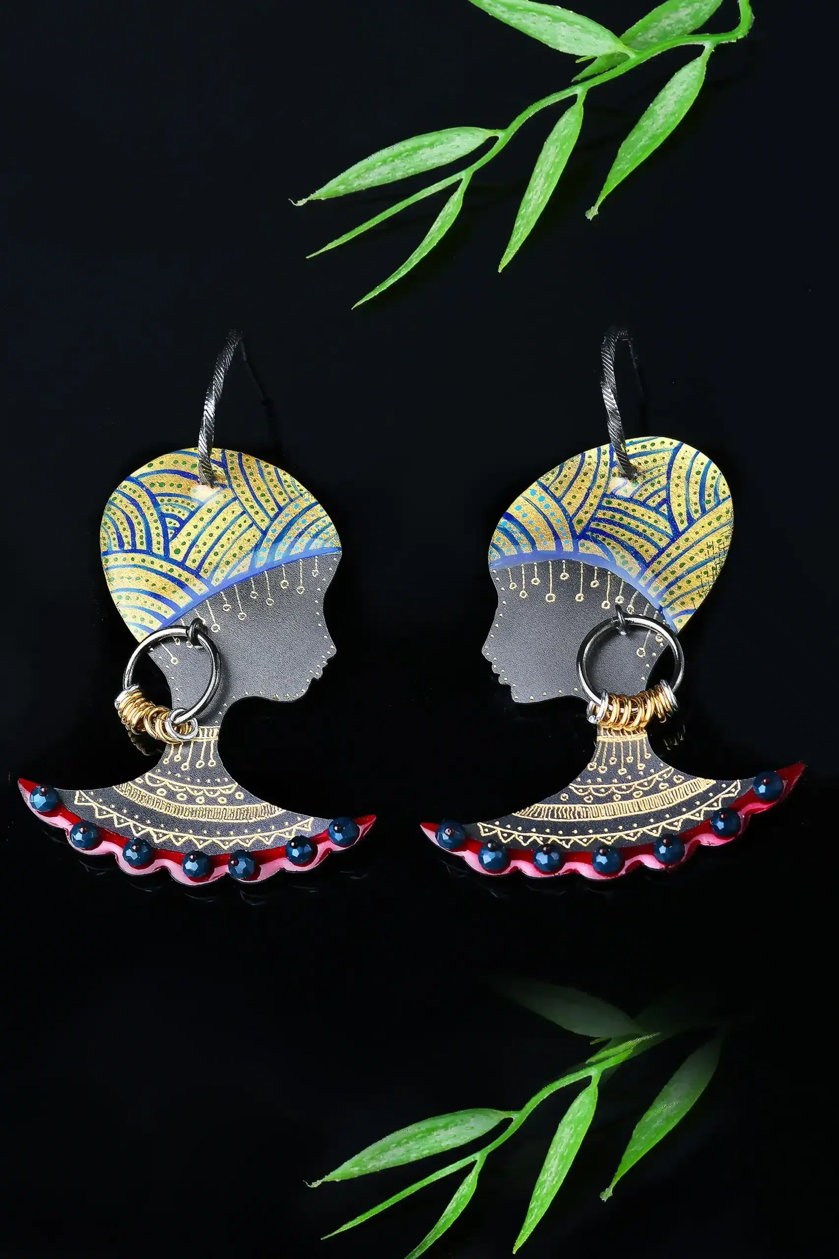 Handmade Jewellery | African woman engraved black bronze earrings with enamel gallery 1