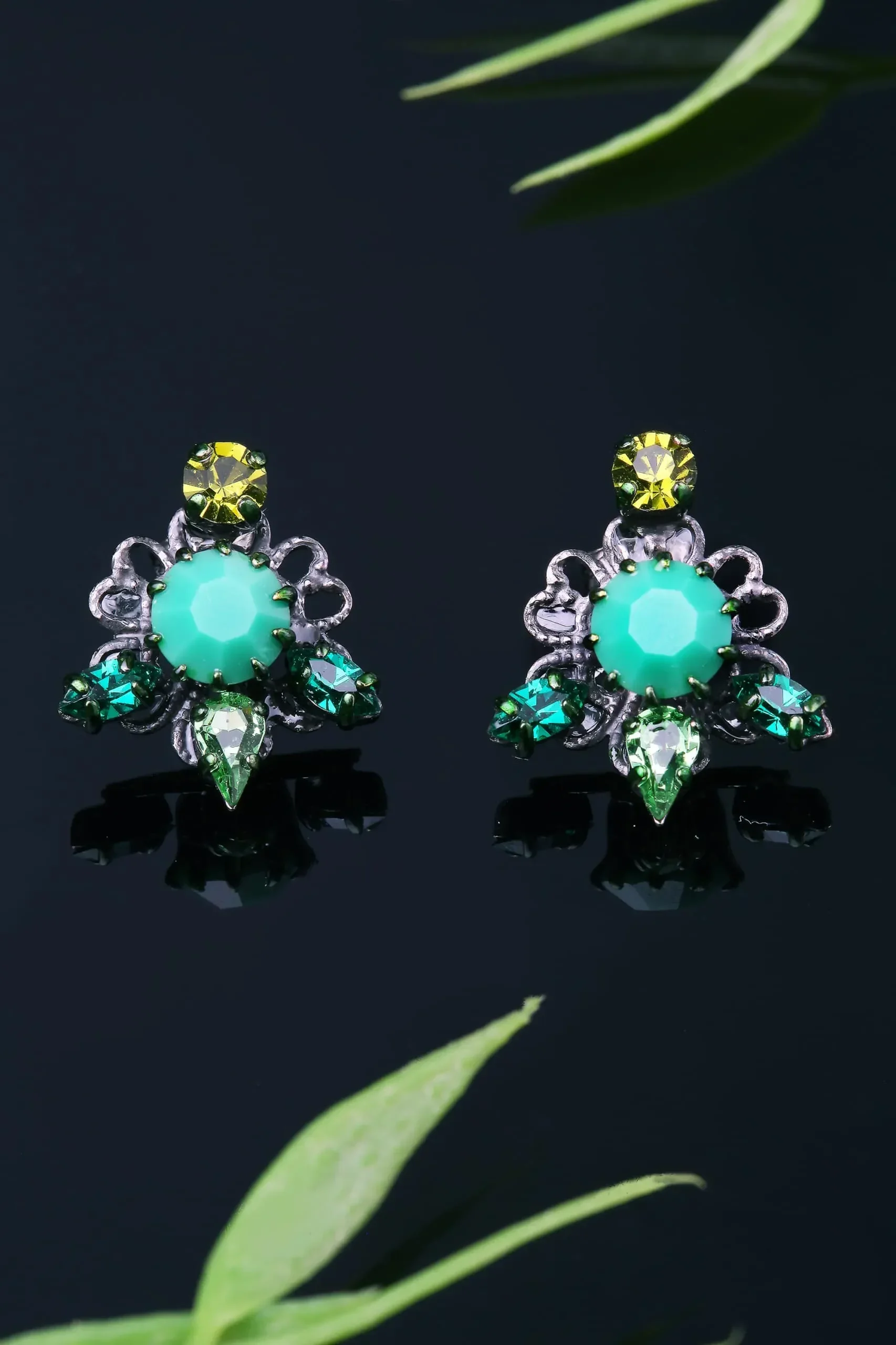 Handmade Jewellery | Black plated bronze earrings with green Swarovski crystals gallery 1