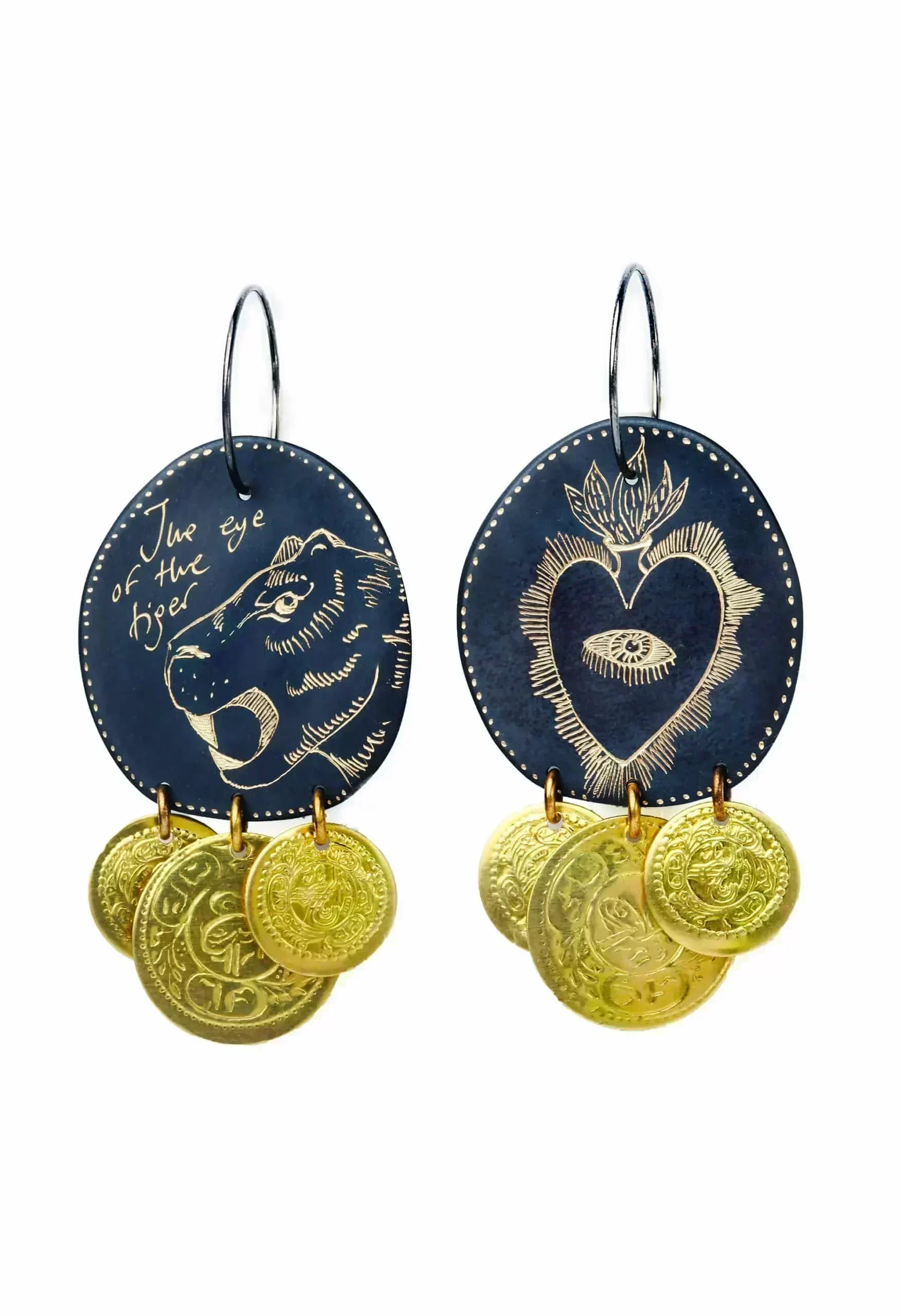 Handmade Jewellery | Tiger and heart engraved bronze and silver handmade earrings main