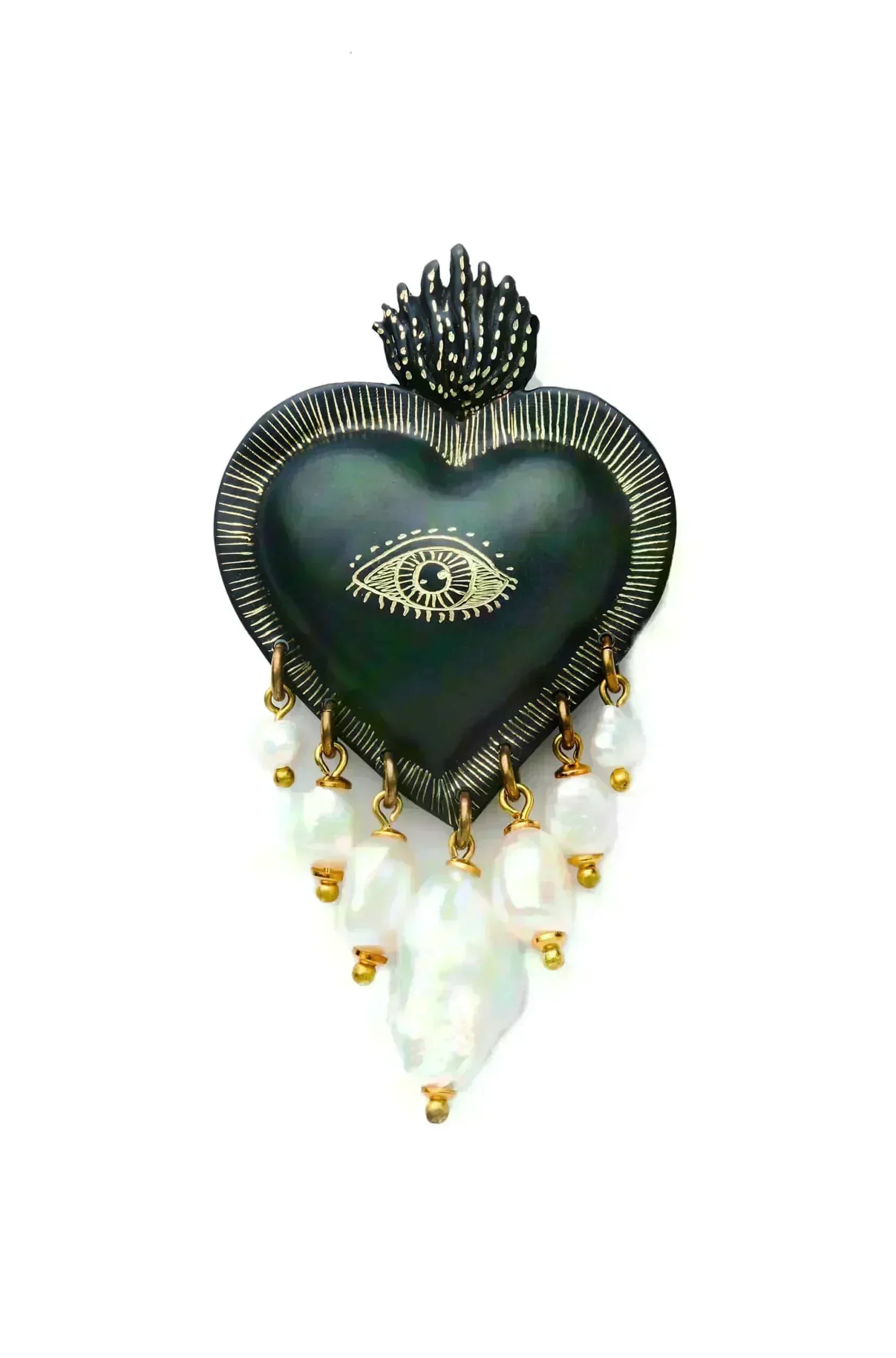 Heart engraved bronze and pearls brooch