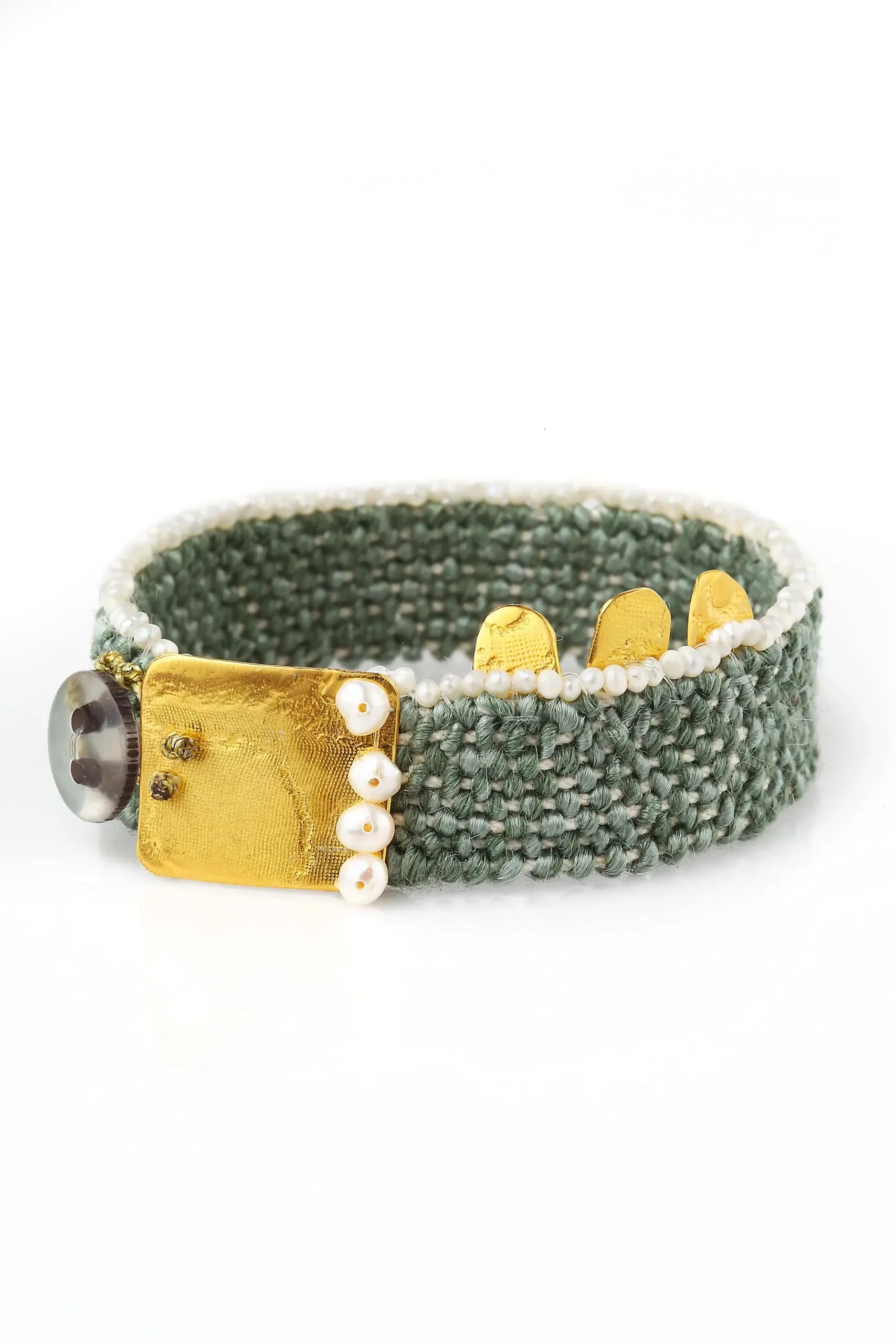 Handmade Jewellery | Woven green bracelet with gold plated silver and pearls gallery 2