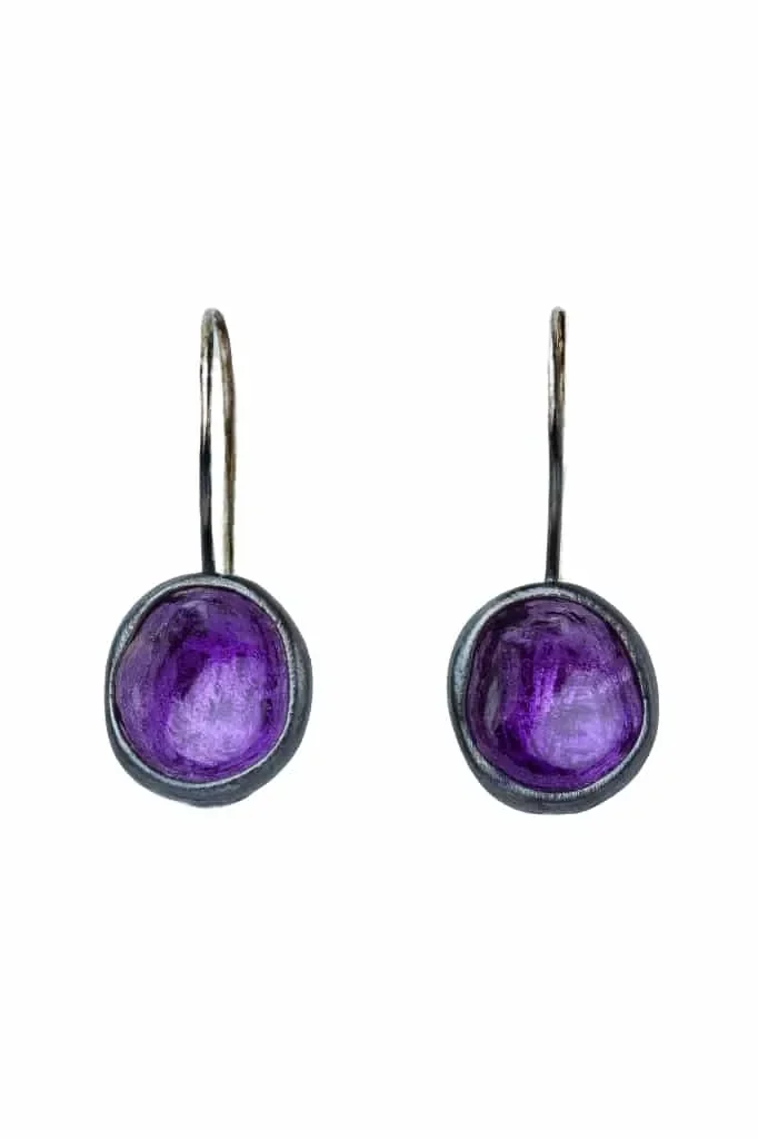 Handmade Jewellery | Black rhodium plated silver earrings with purple enamel main