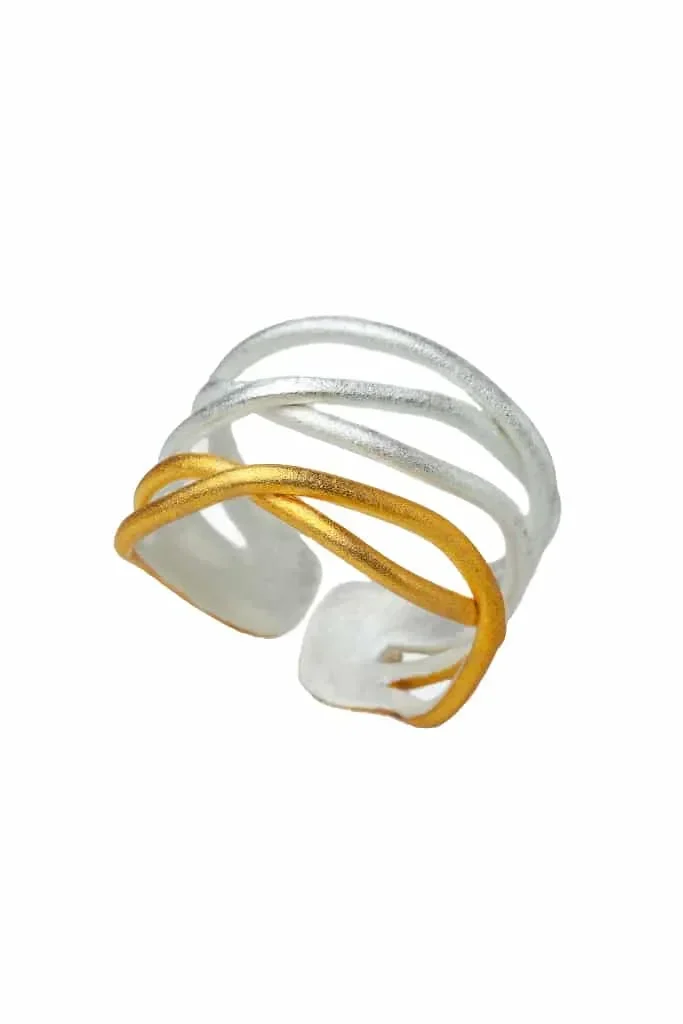 Handmade Jewellery | Waves rhodium and gold plated silver ring main