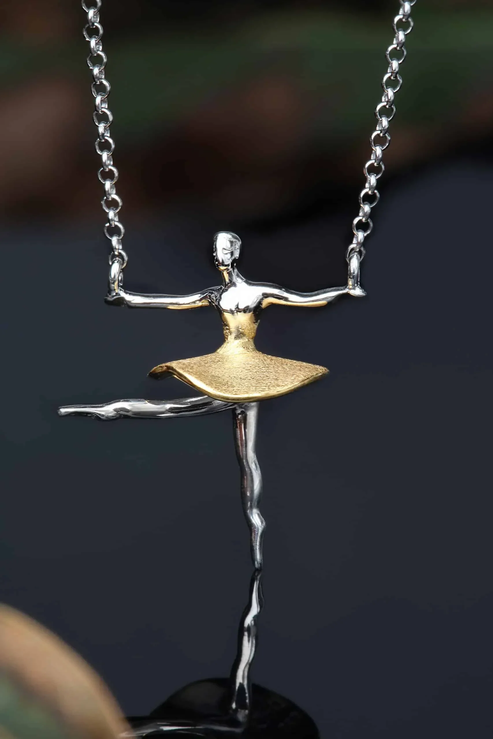 Handmade Jewellery | Ballet dancer gold and rhodium plated silver necklace gallery 1