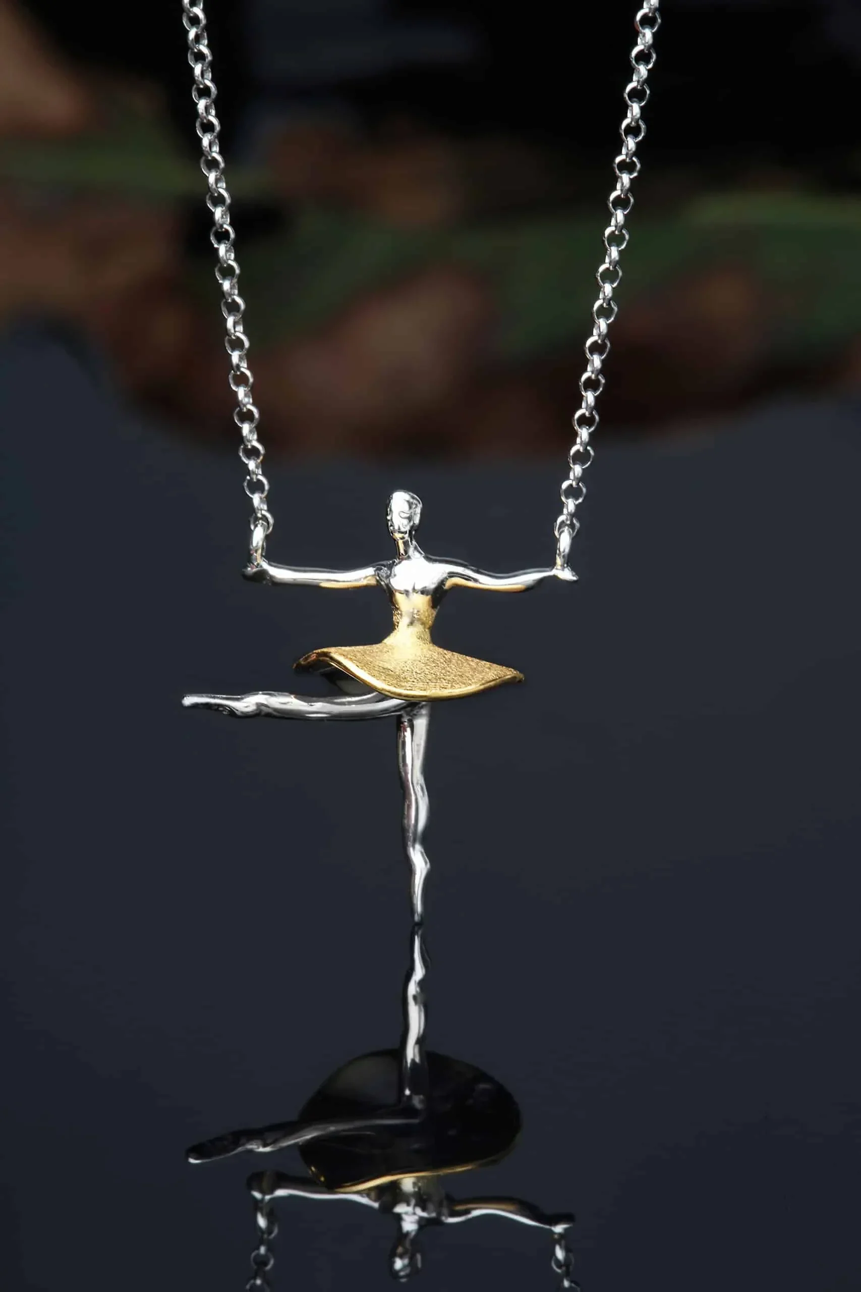 Handmade Jewellery | Ballet dancer gold and rhodium plated silver necklace gallery 3