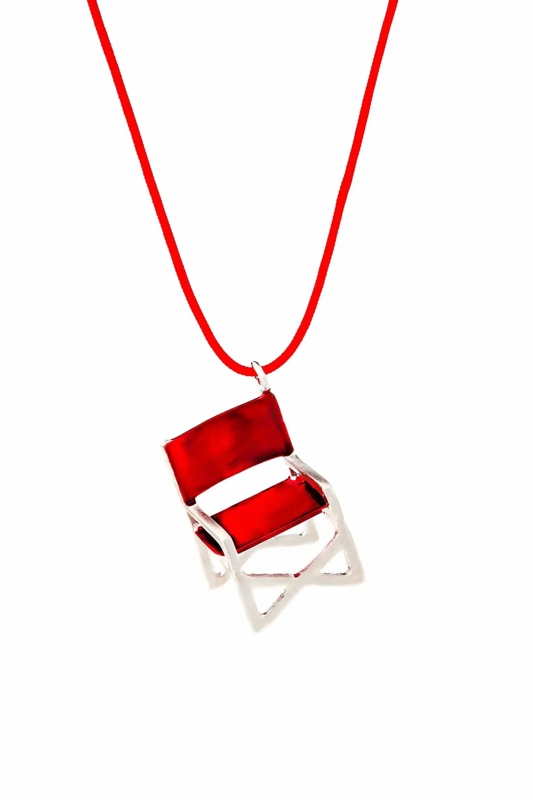 Handmade Jewellery | Directors chair silver necklace with red enamel main