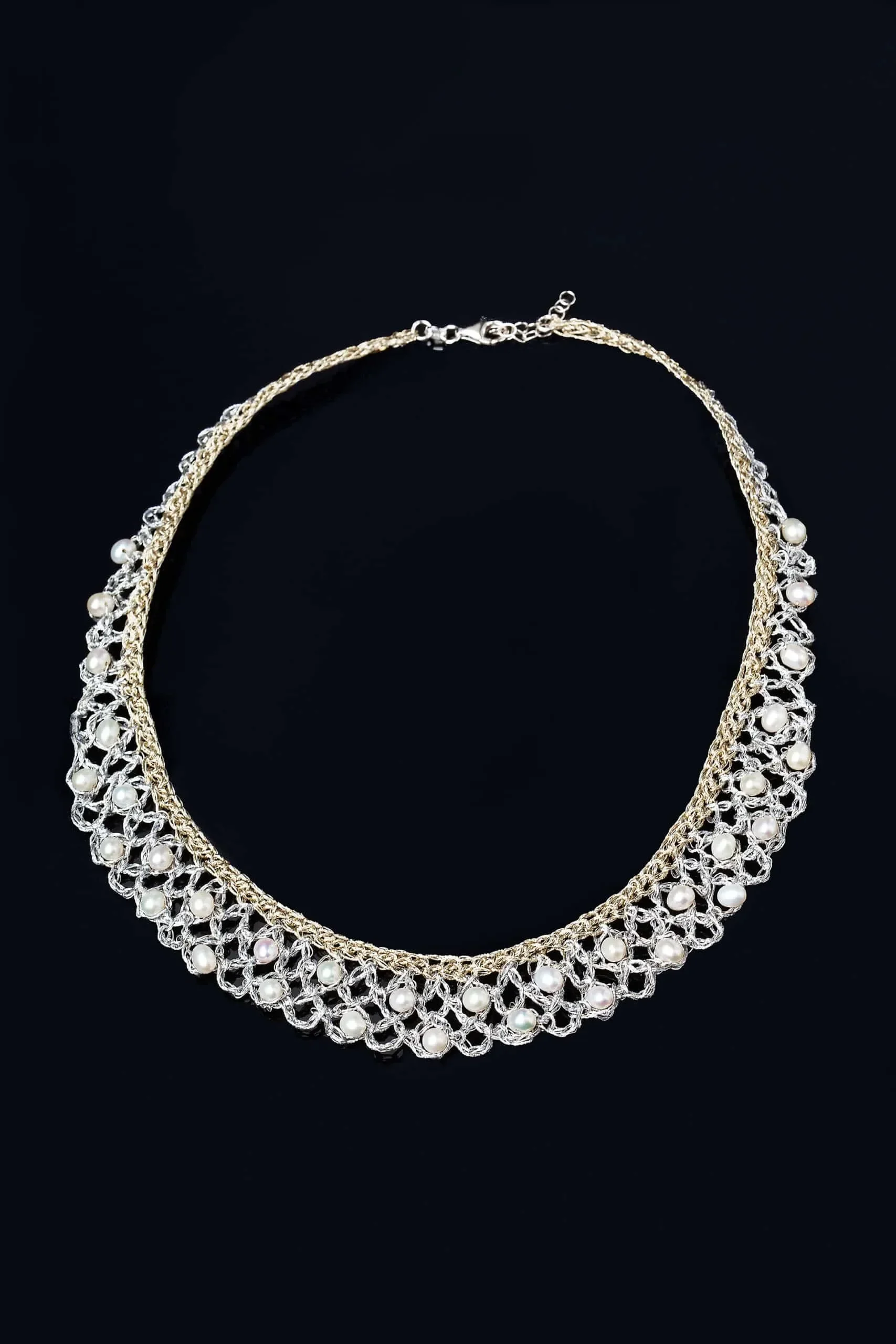 Handmade Jewellery | Crochet knit silver necklace with pearls gallery 1