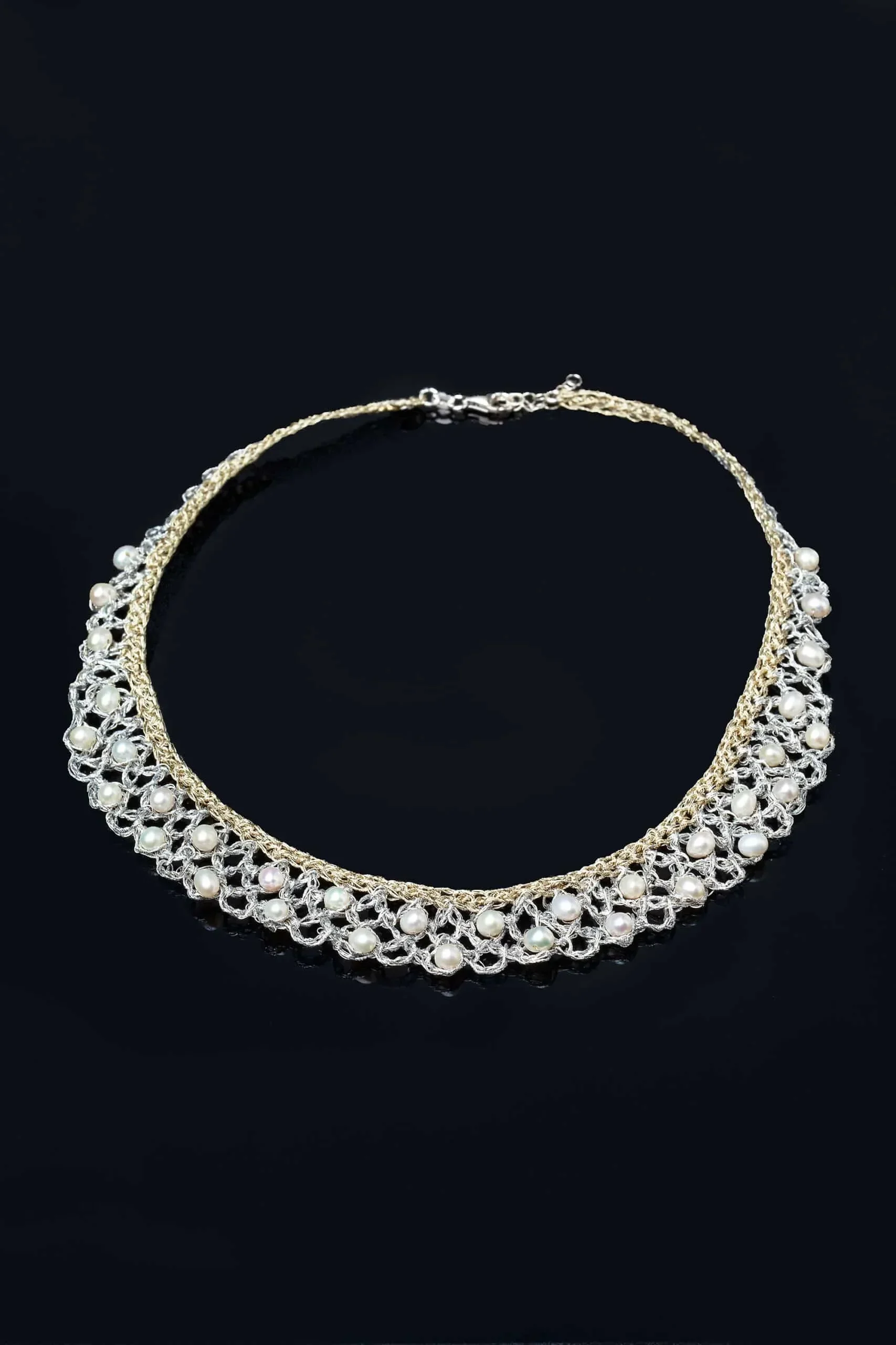 Handmade Jewellery | Crochet knit silver necklace with pearls gallery 3