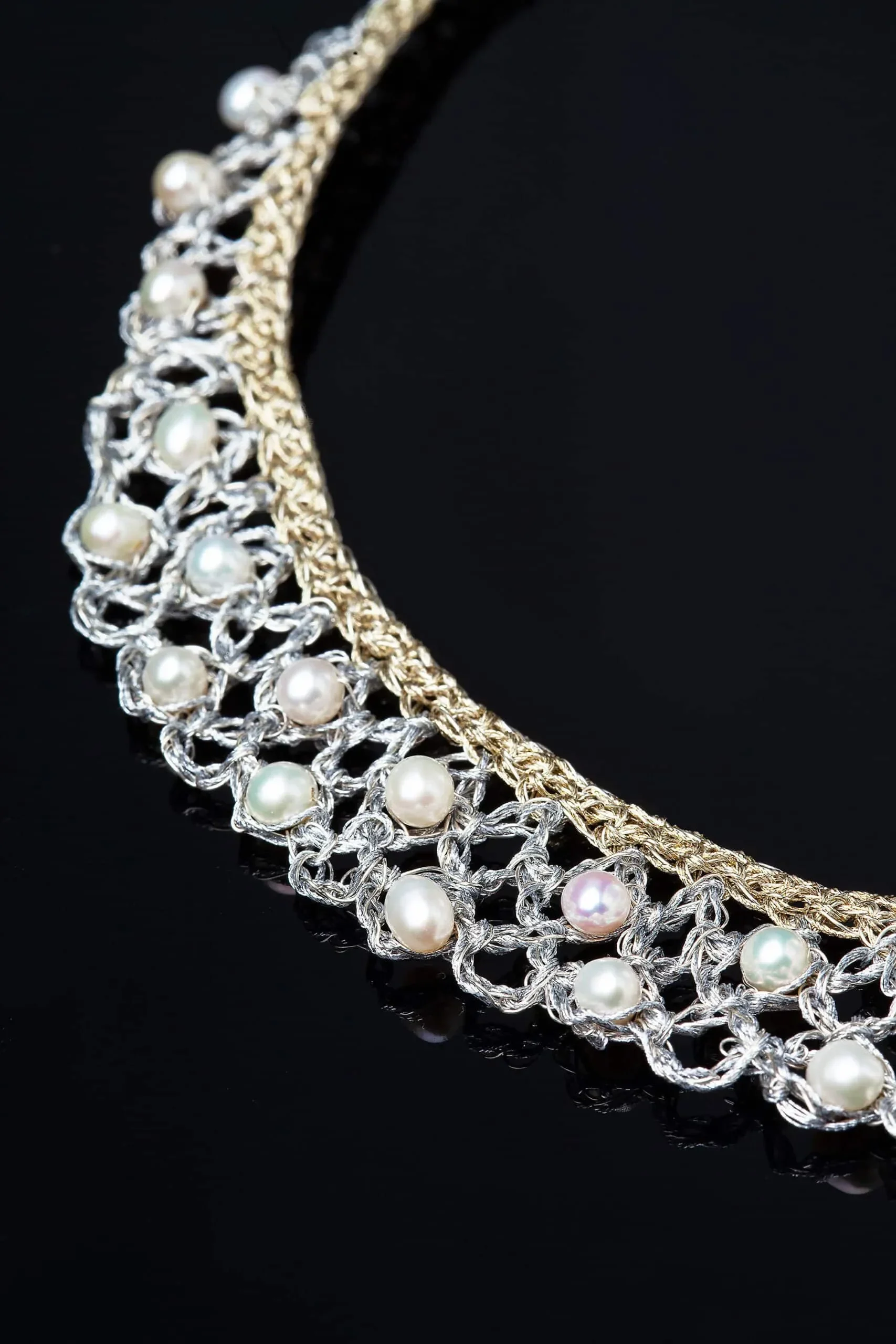 Handmade Jewellery | Crochet knit silver necklace with pearls gallery 2