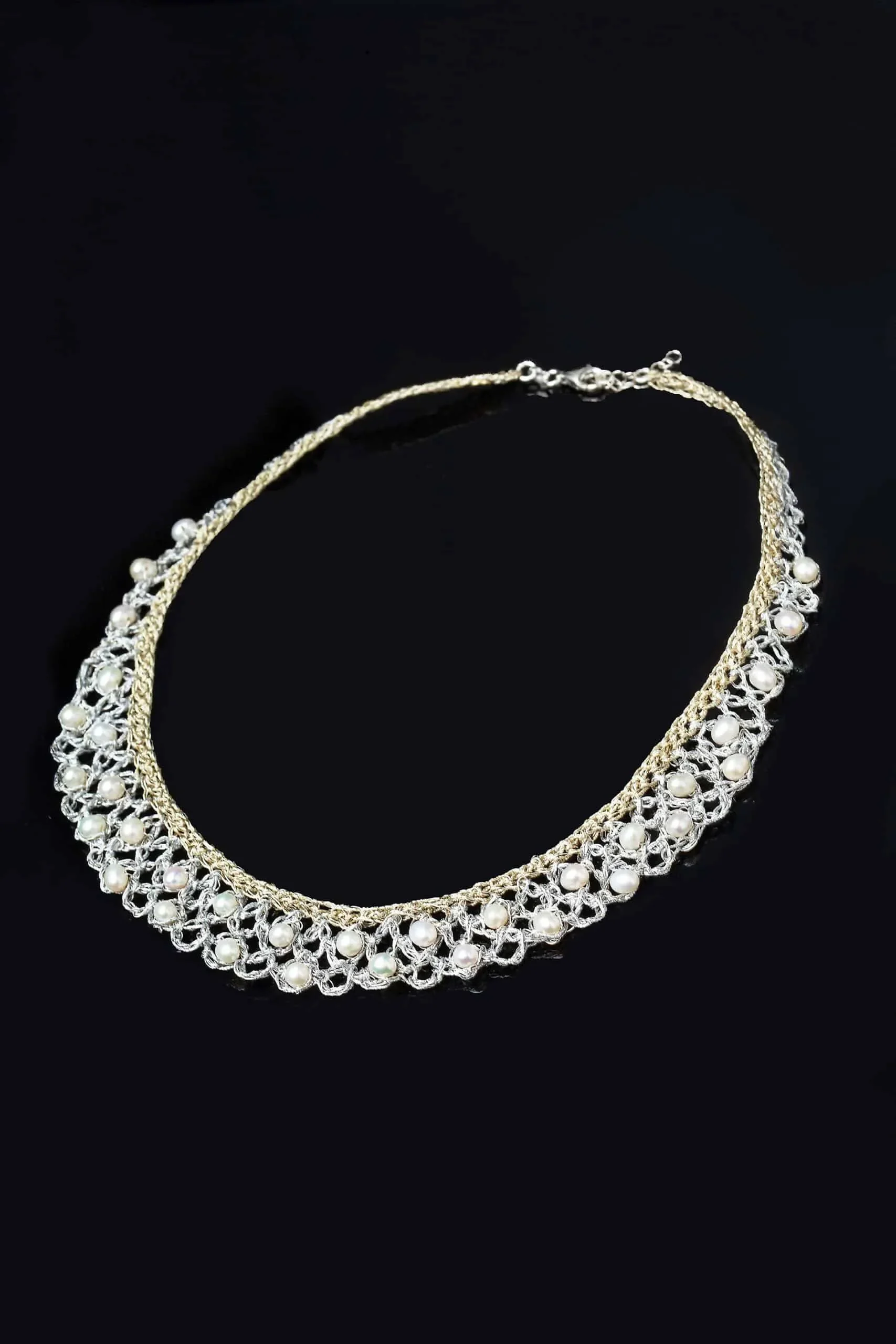 Handmade Jewellery | Crochet knit silver necklace with pearls gallery 4