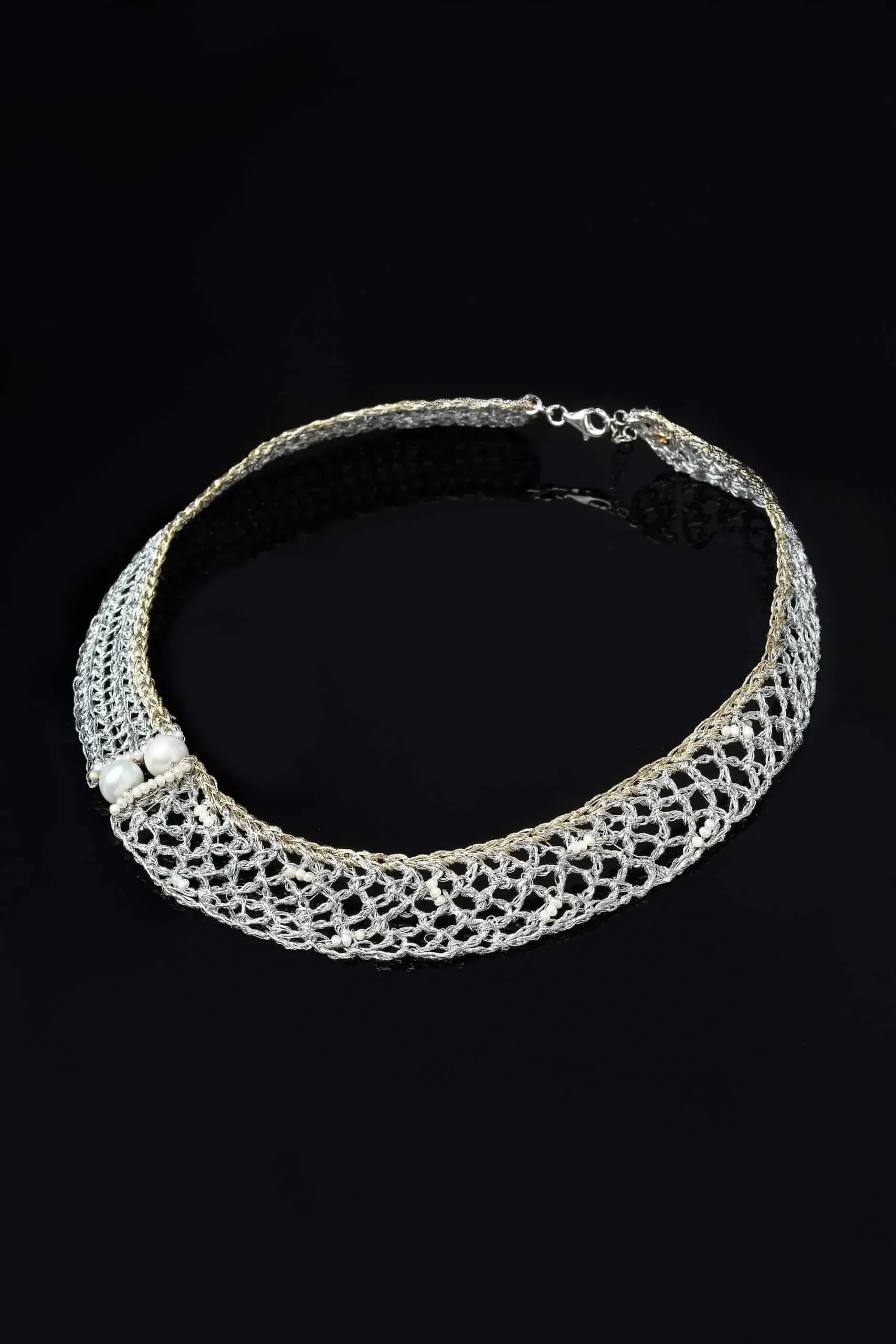 Handmade Jewellery | Crochet knit silver necklace with golden threads and pearls gallery 4