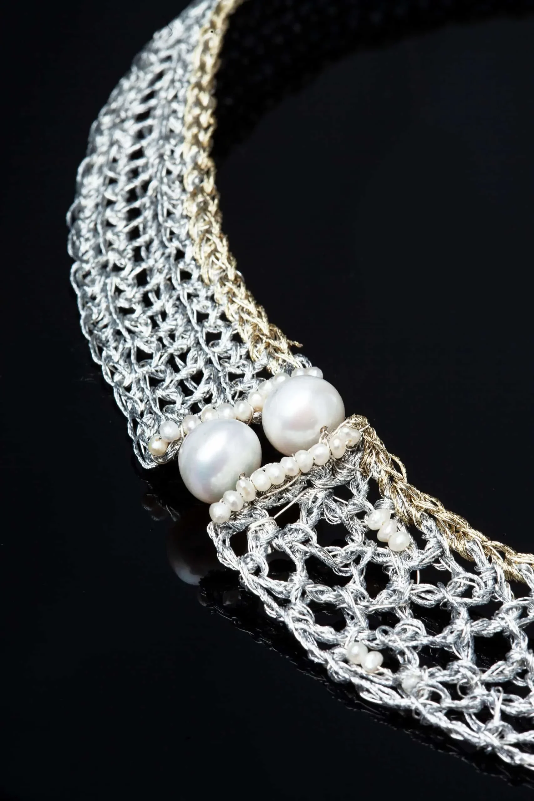 Handmade Jewellery | Crochet knit silver necklace with golden threads and pearls gallery 2