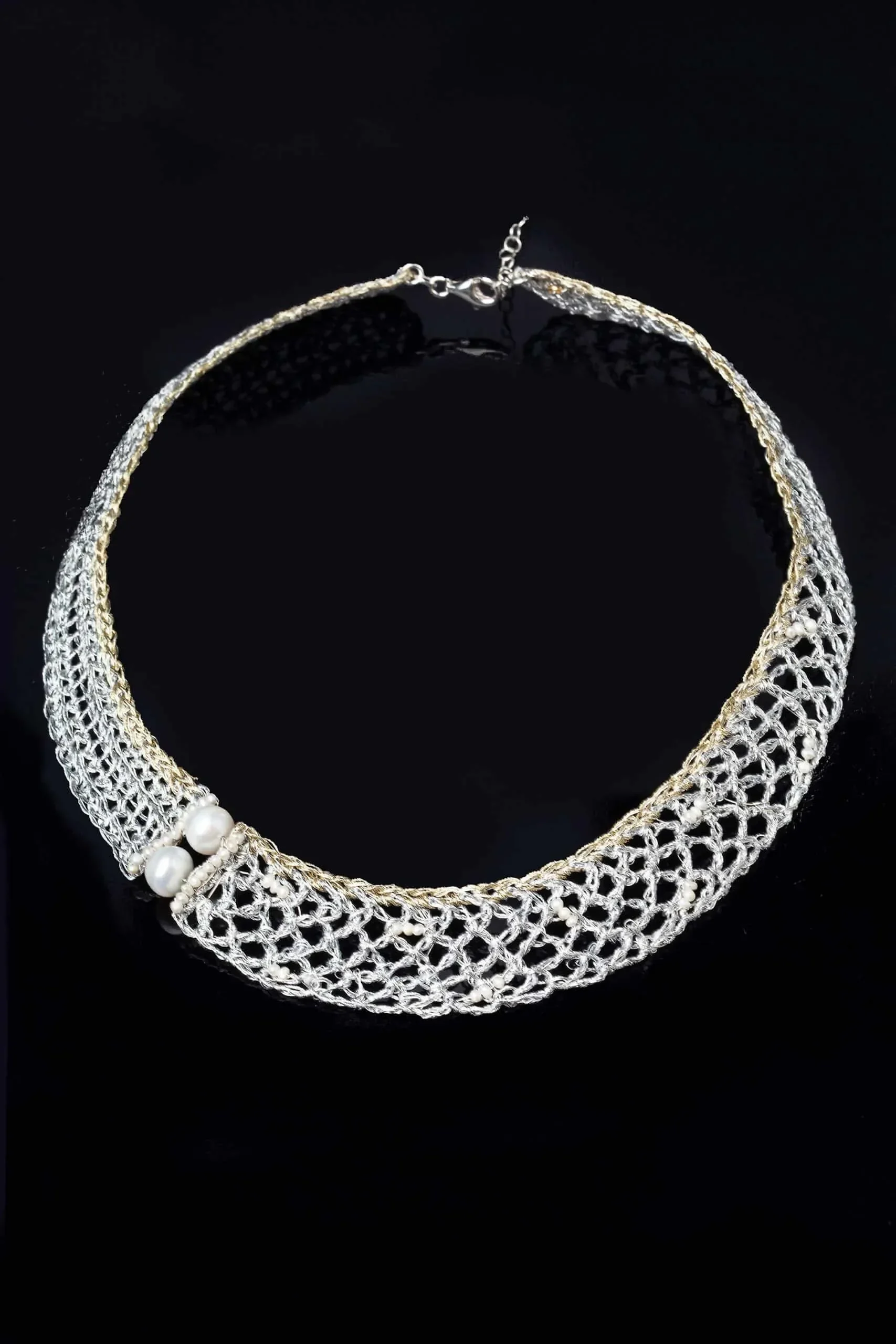 Handmade Jewellery | Crochet knit silver necklace with golden threads and pearls gallery 1