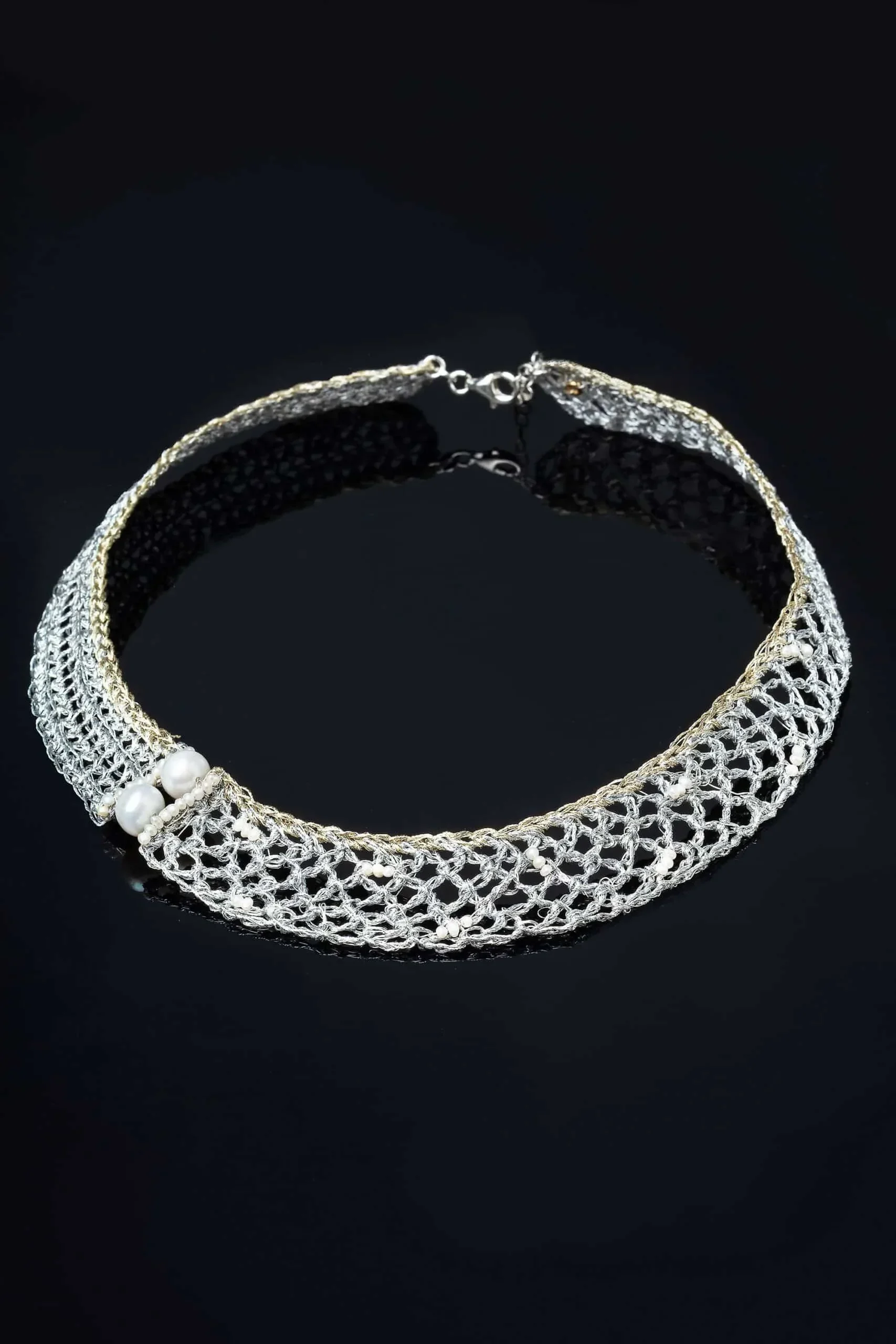 Handmade Jewellery | Crochet knit silver necklace with golden threads and pearls gallery 3