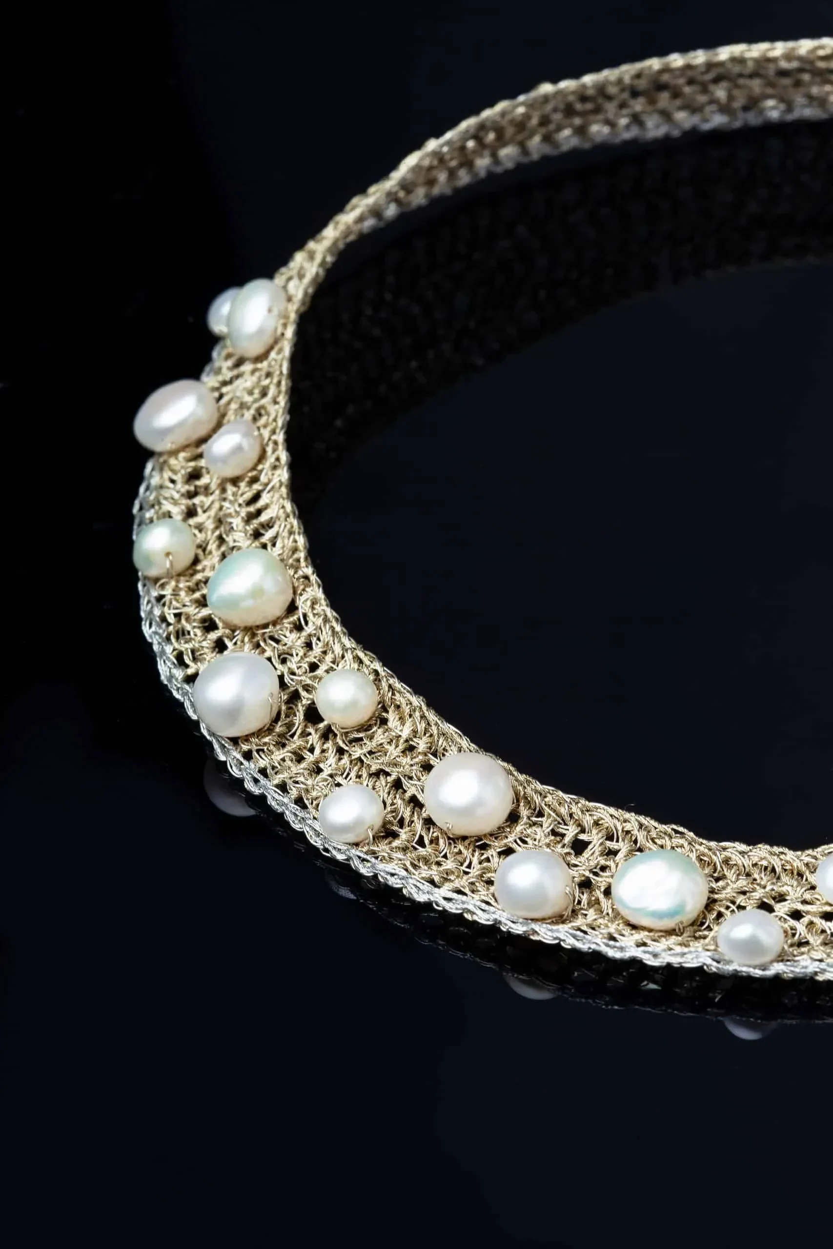 Handmade Jewellery | Crochet knit silver necklace with pearls gallery 2