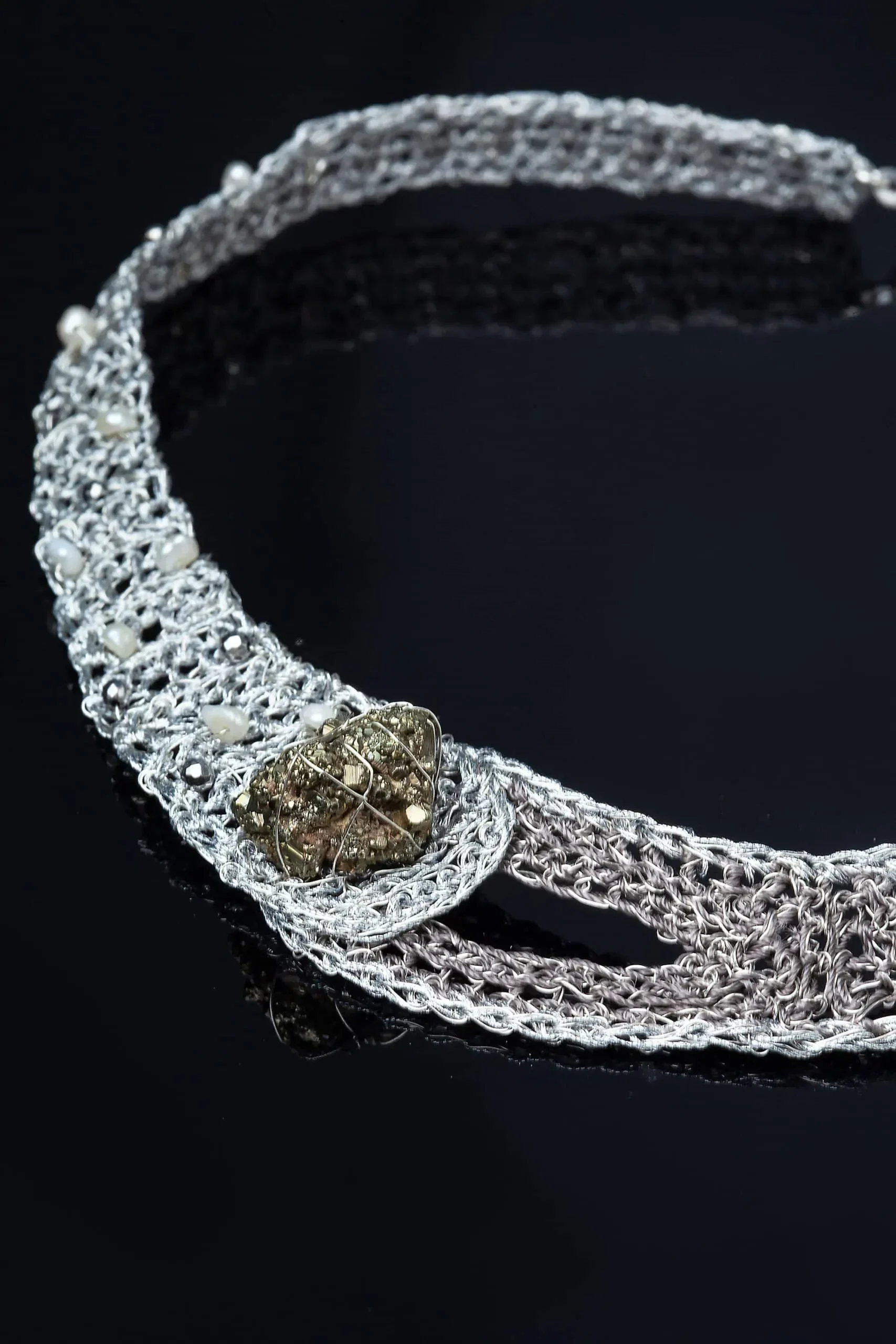 Handmade Jewellery | Crochet knit silver necklace with pearls and pyrite gallery 1