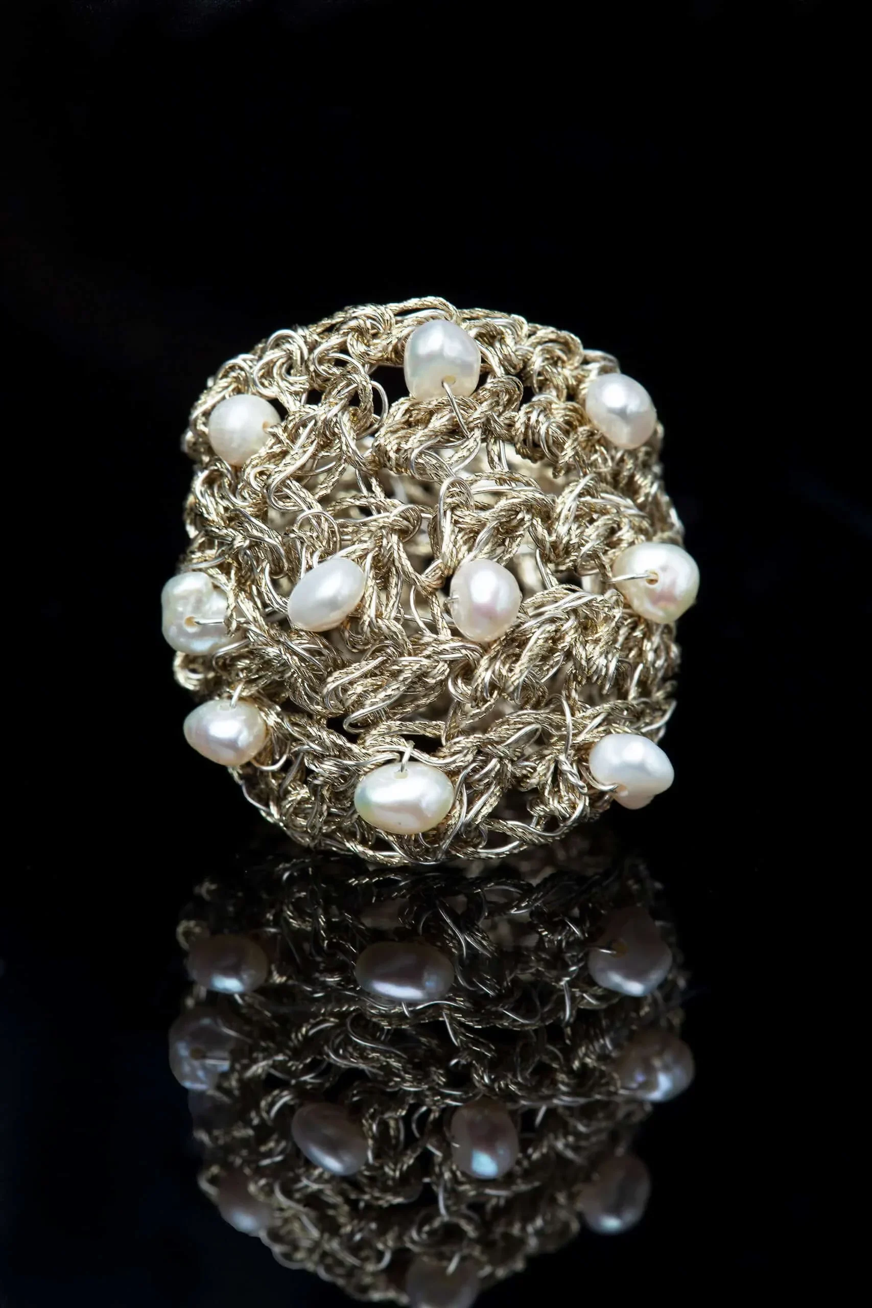 Handmade Jewellery | Crochet knit silver ring with golden threads and pearls gallery 3