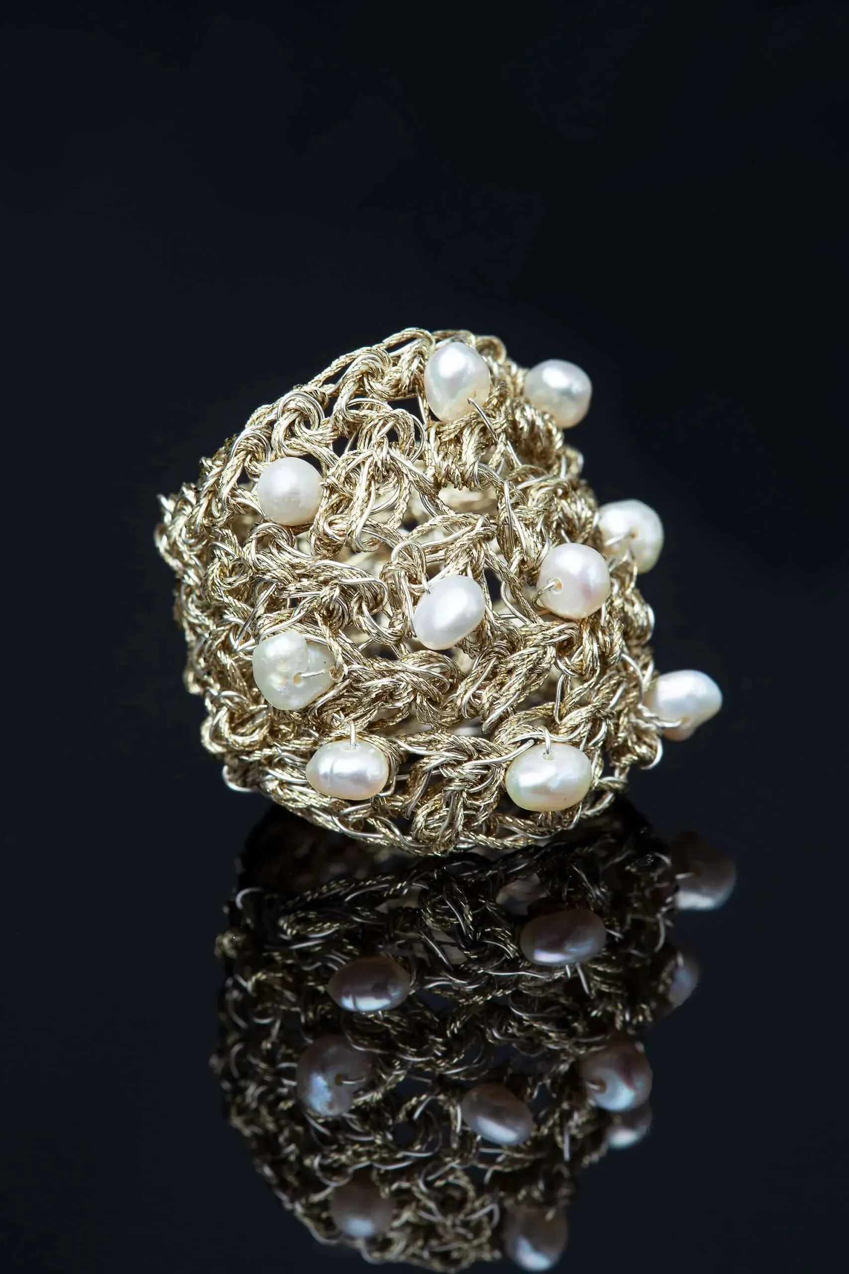 Handmade Jewellery | Crochet knit silver ring with golden threads and pearls gallery 2