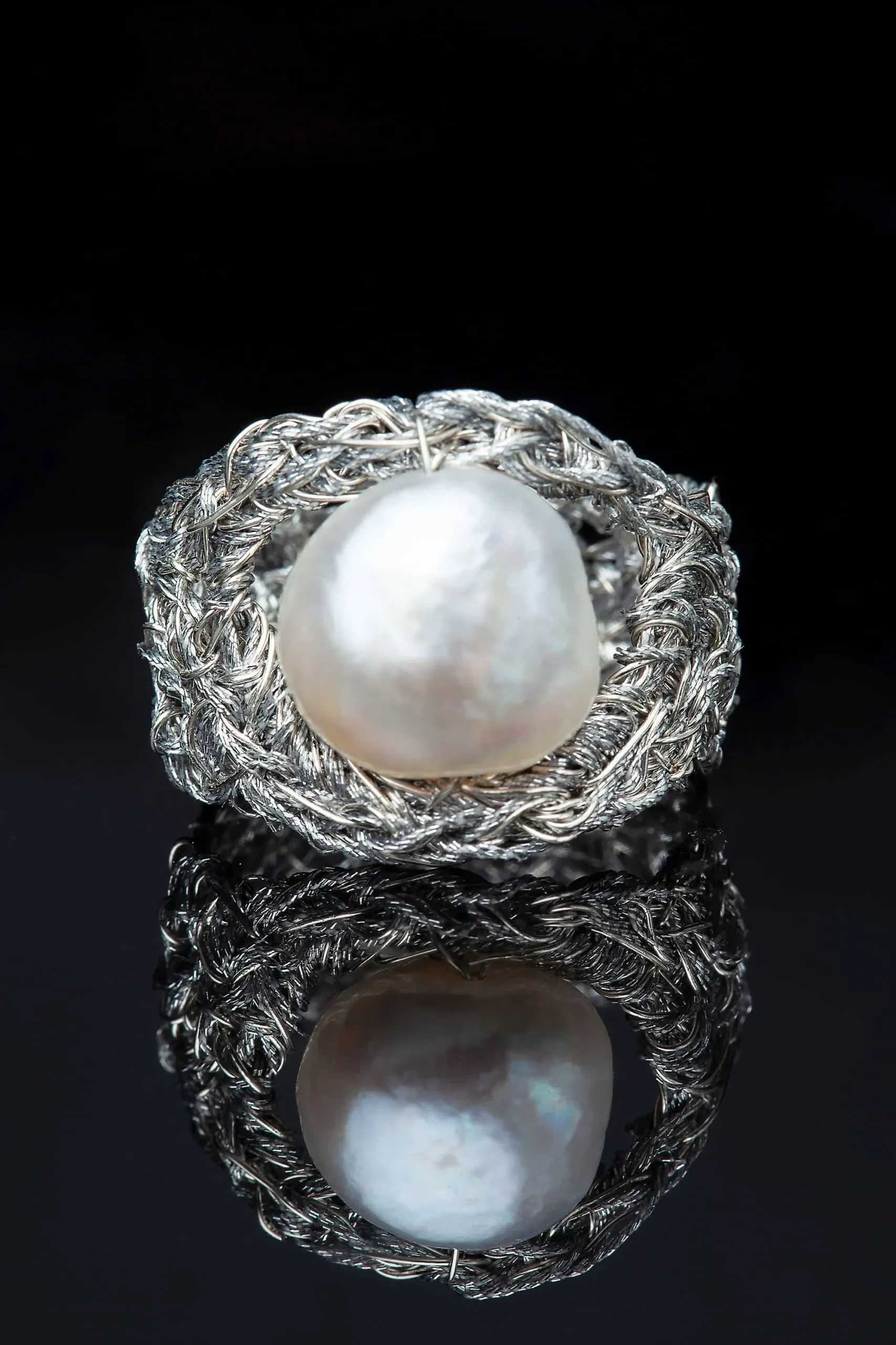 Handmade Jewellery | Crochet knit silver ring with pearl gallery 3