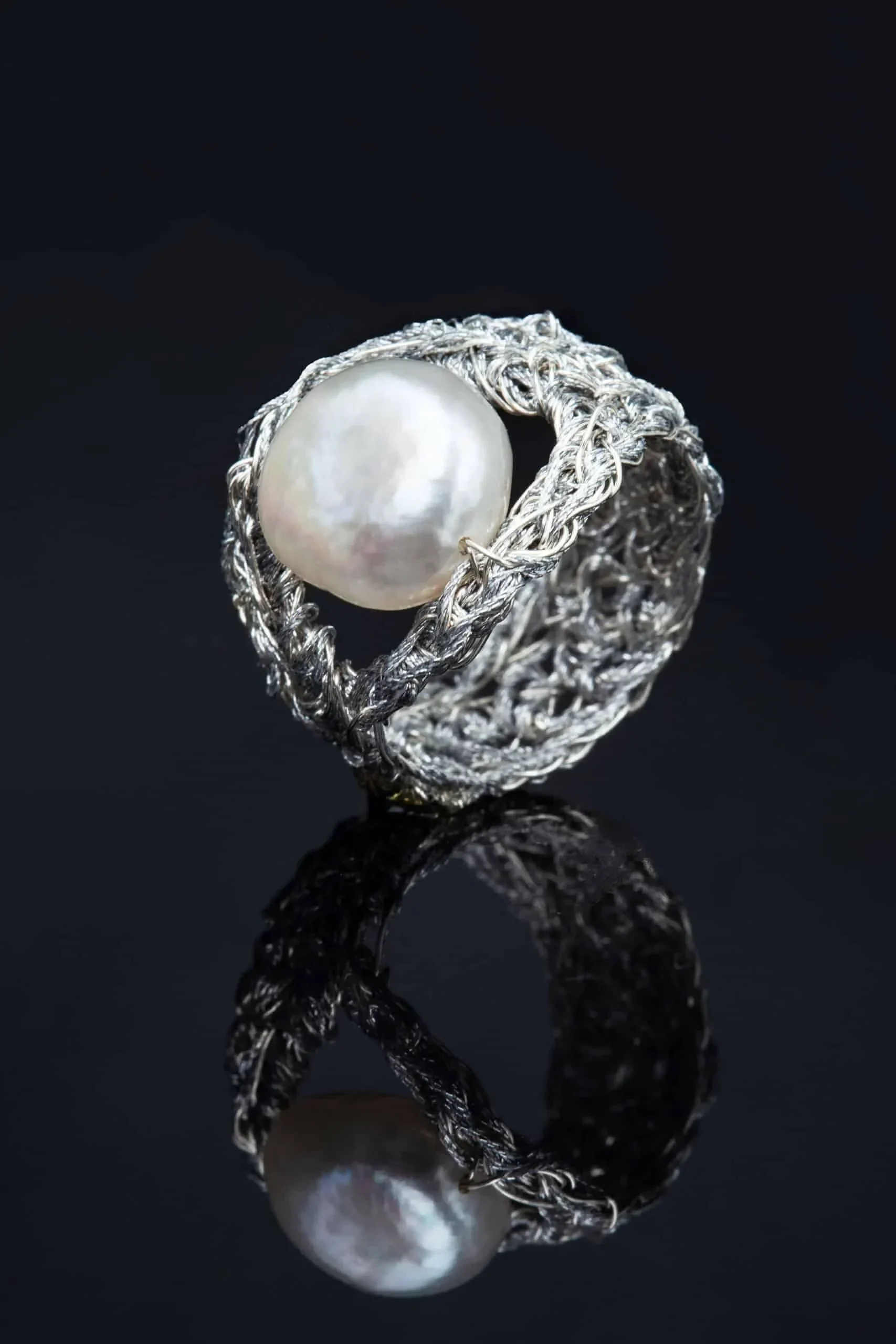 Handmade Jewellery | Crochet knit silver ring with pearl gallery 1