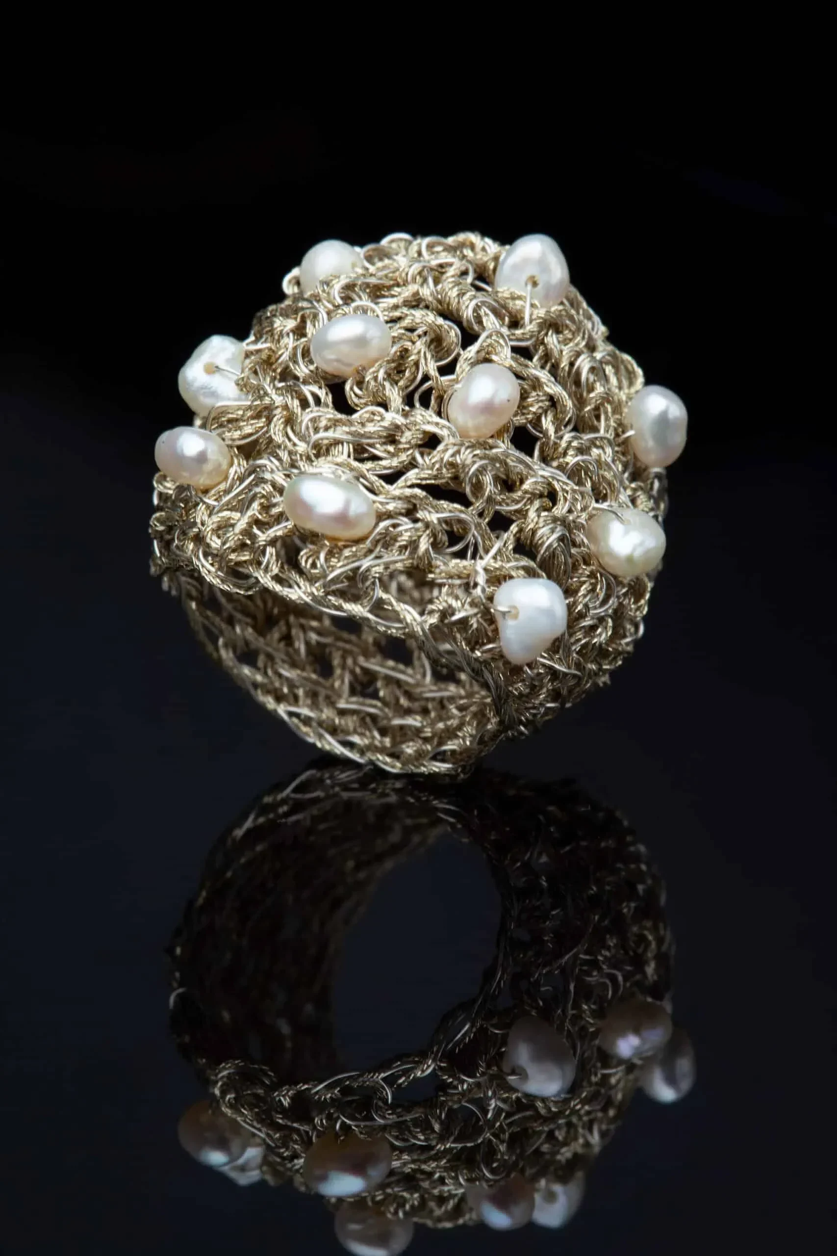 Handmade Jewellery | Crochet knit silver ring with golden threads and pearls gallery 1