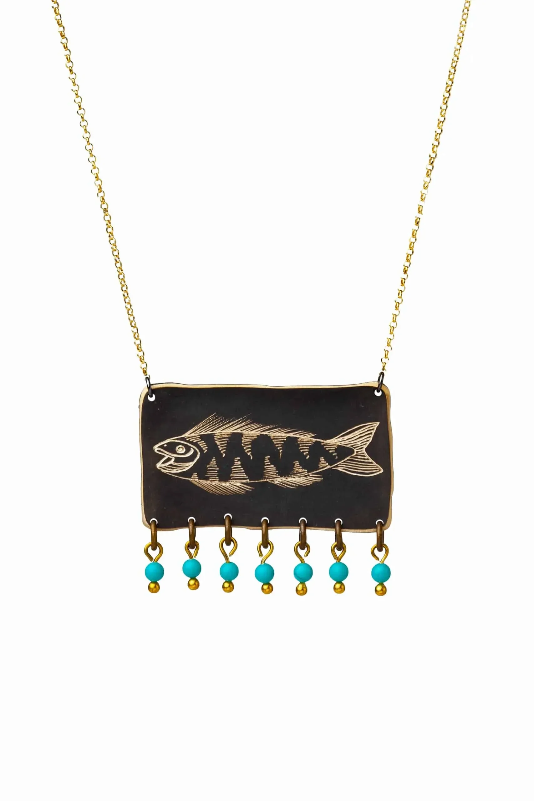 Fish bronze necklace with turquoise