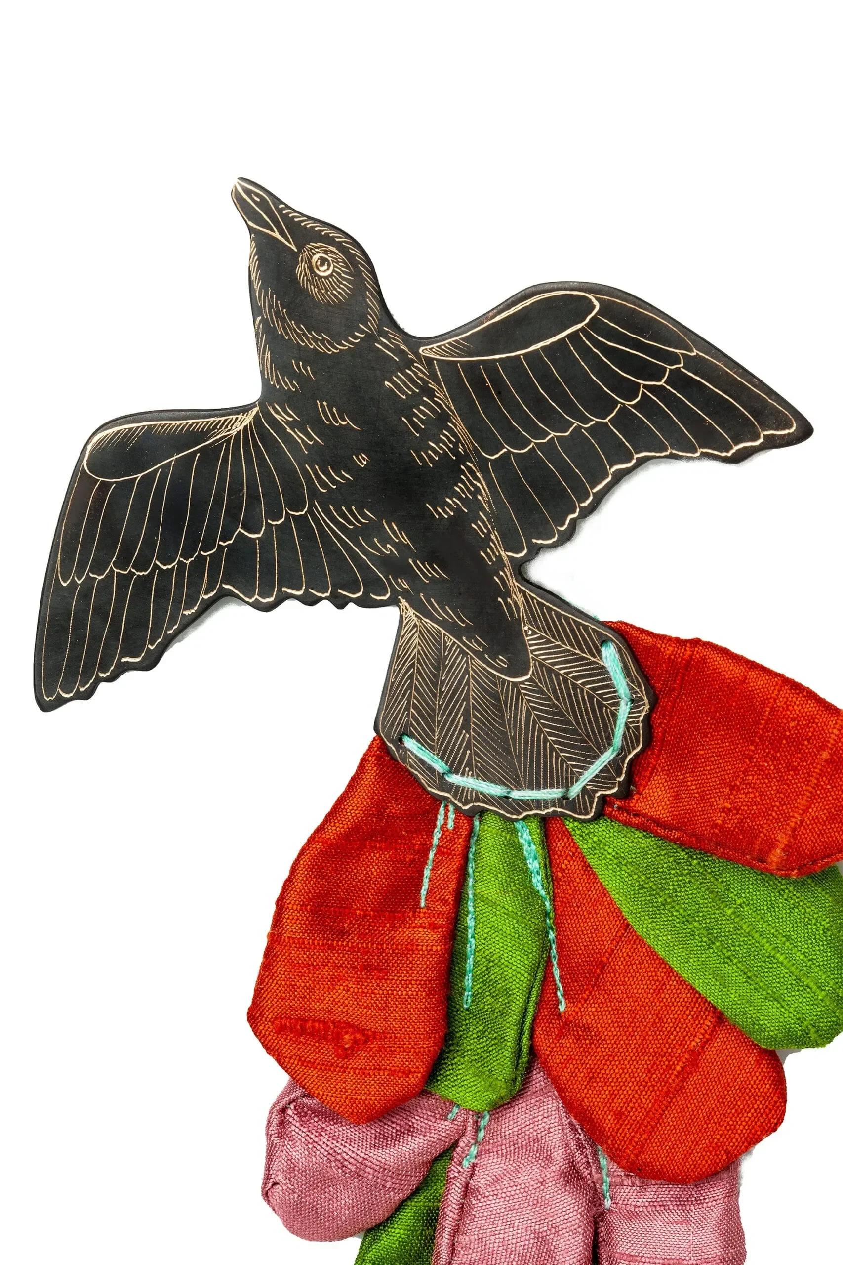 Handmade Jewellery | Bird engraved bronze brooch with silk fabrics gallery 1