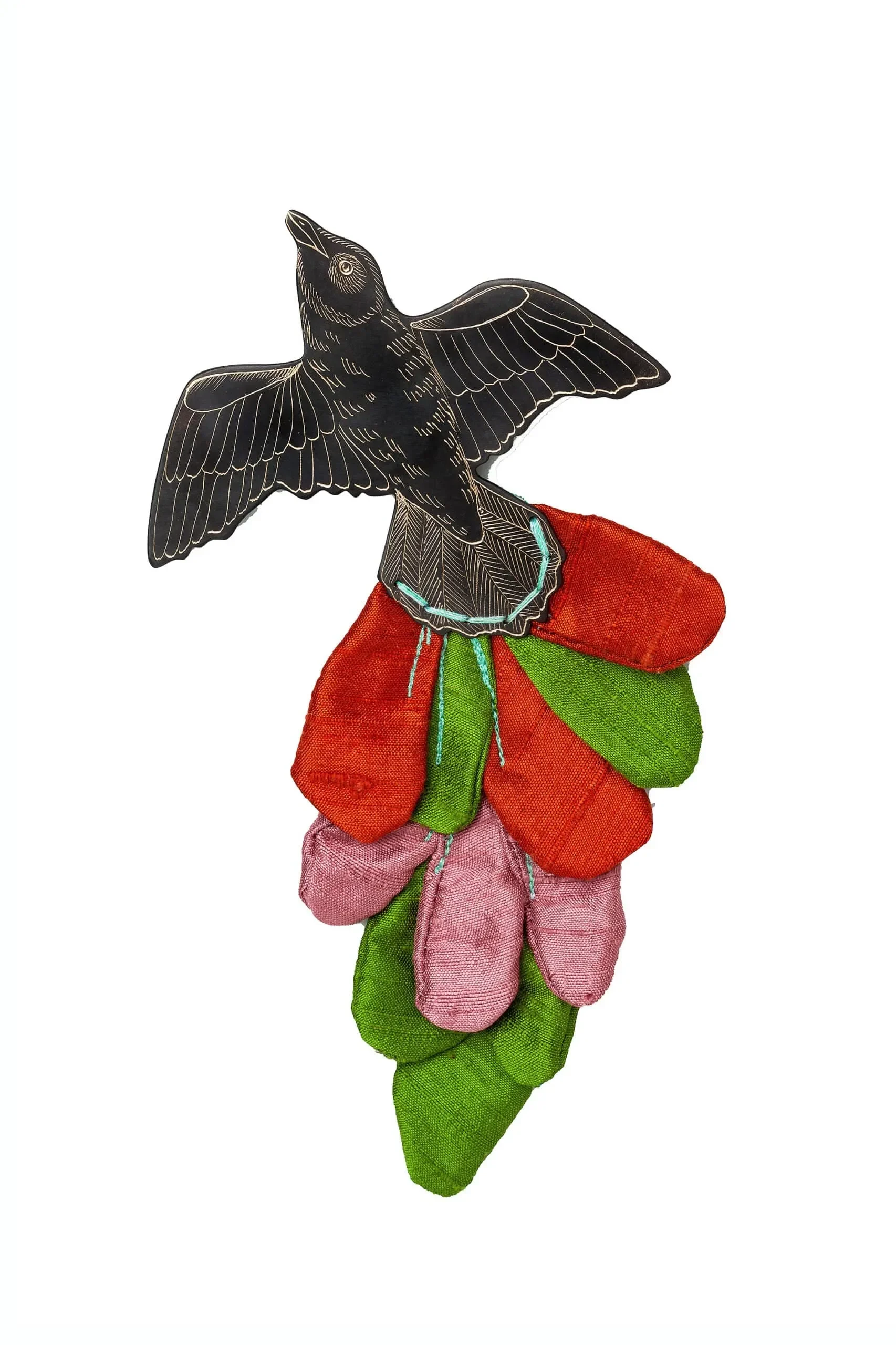 Handmade Jewellery | Bird engraved bronze brooch with silk fabrics main