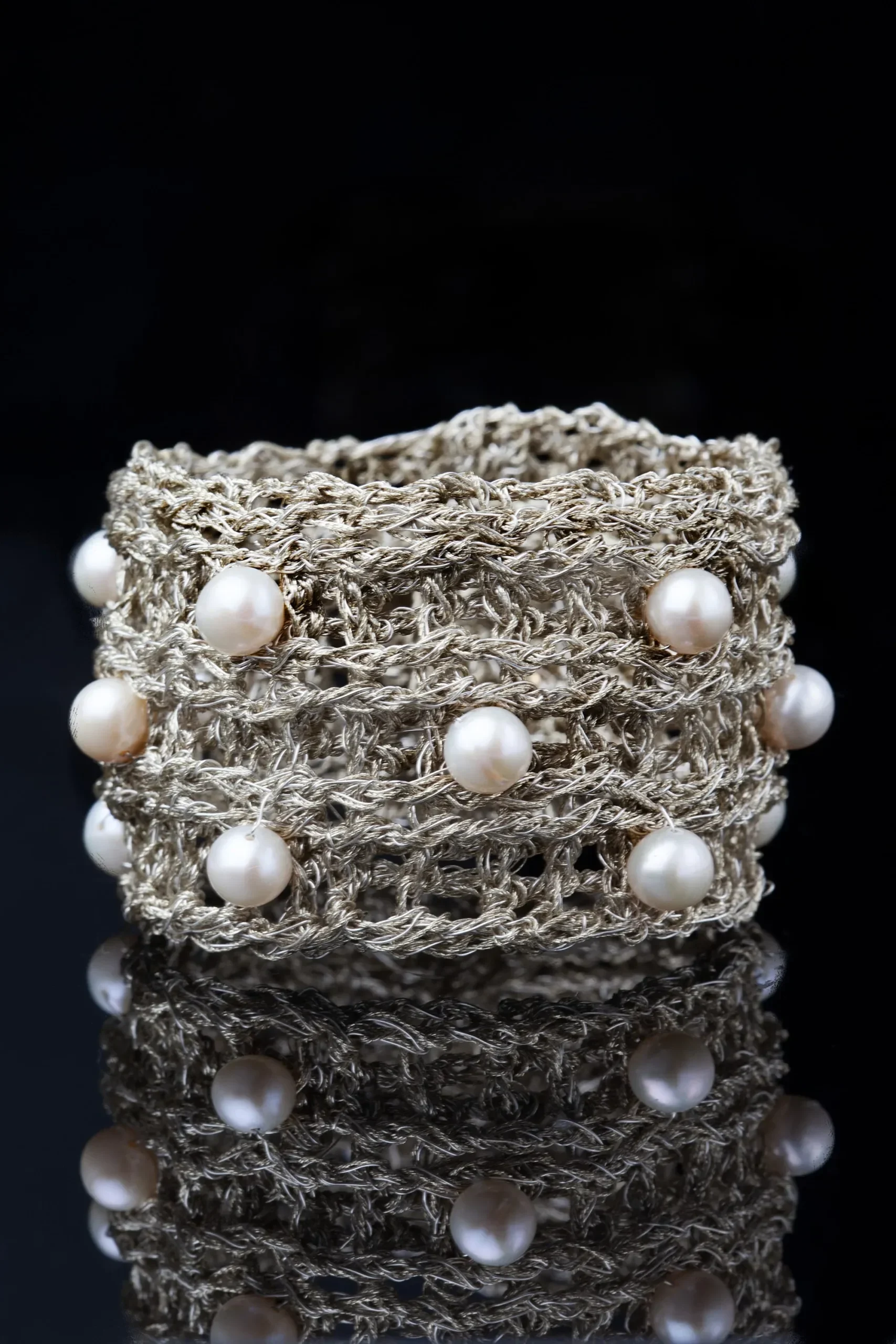 Handmade Jewellery | Crochet knit silver bracelet with pearls gallery 3