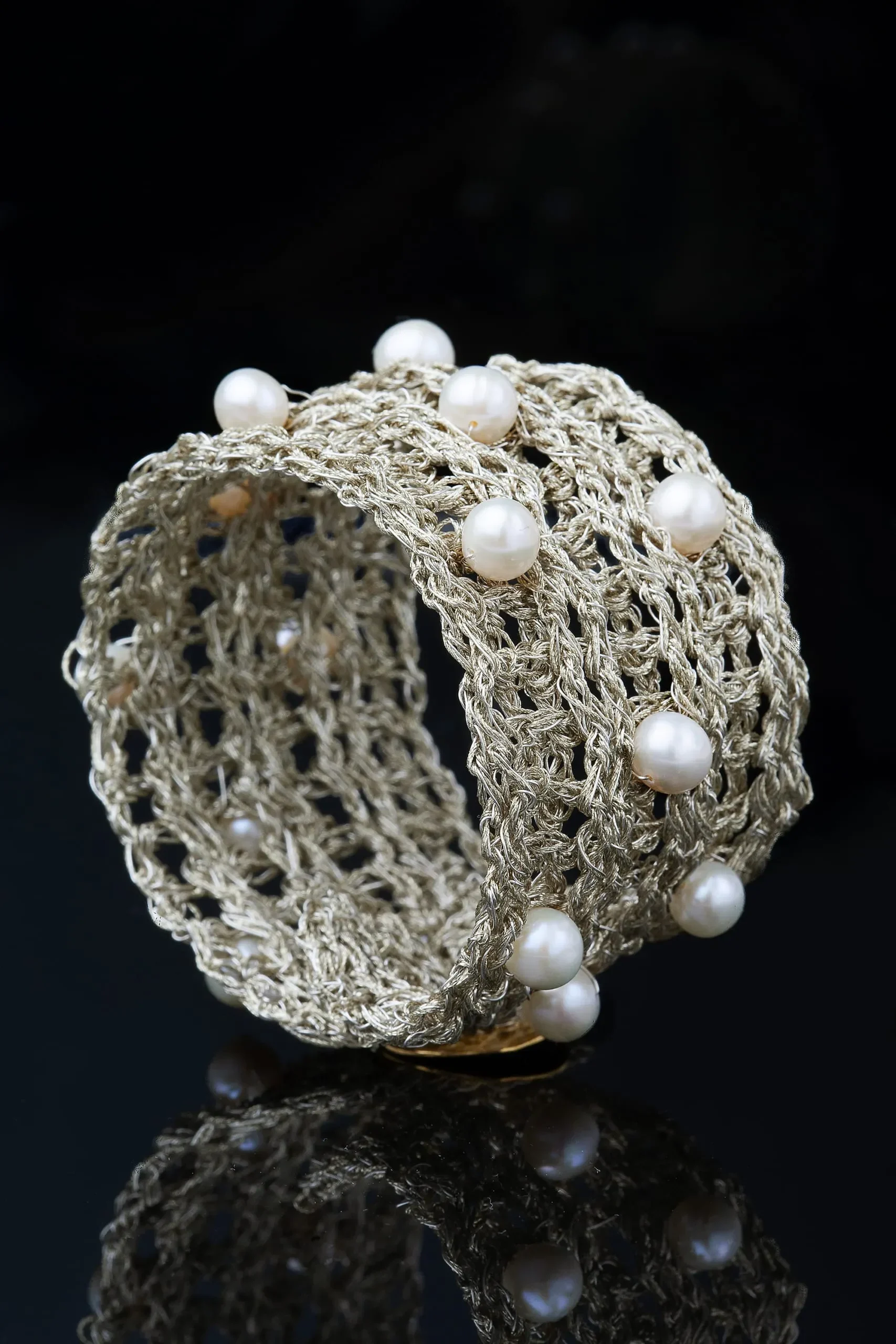 Handmade Jewellery | Crochet knit silver bracelet with pearls gallery 6