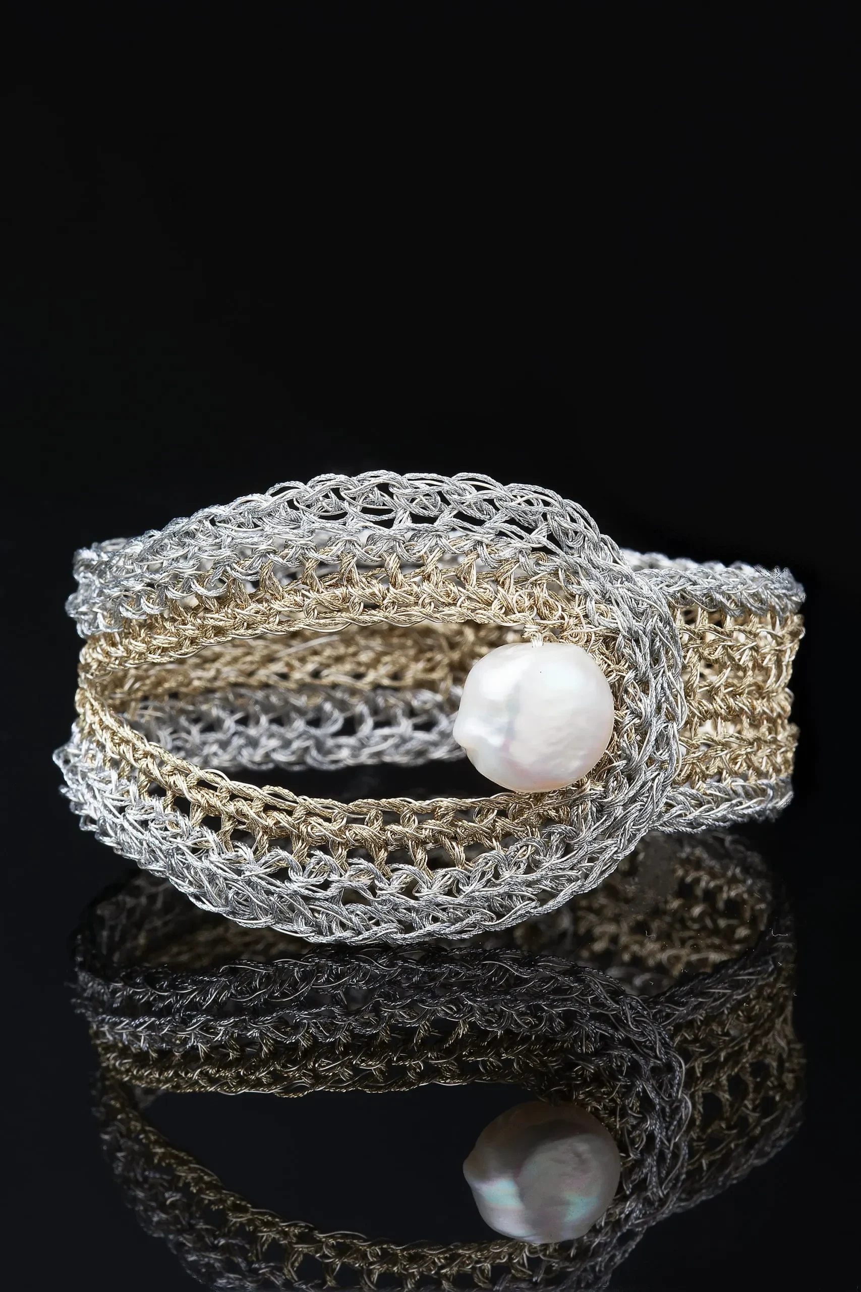 Handmade Jewellery | Crochet knit silver bracelet with pearl gallery 2