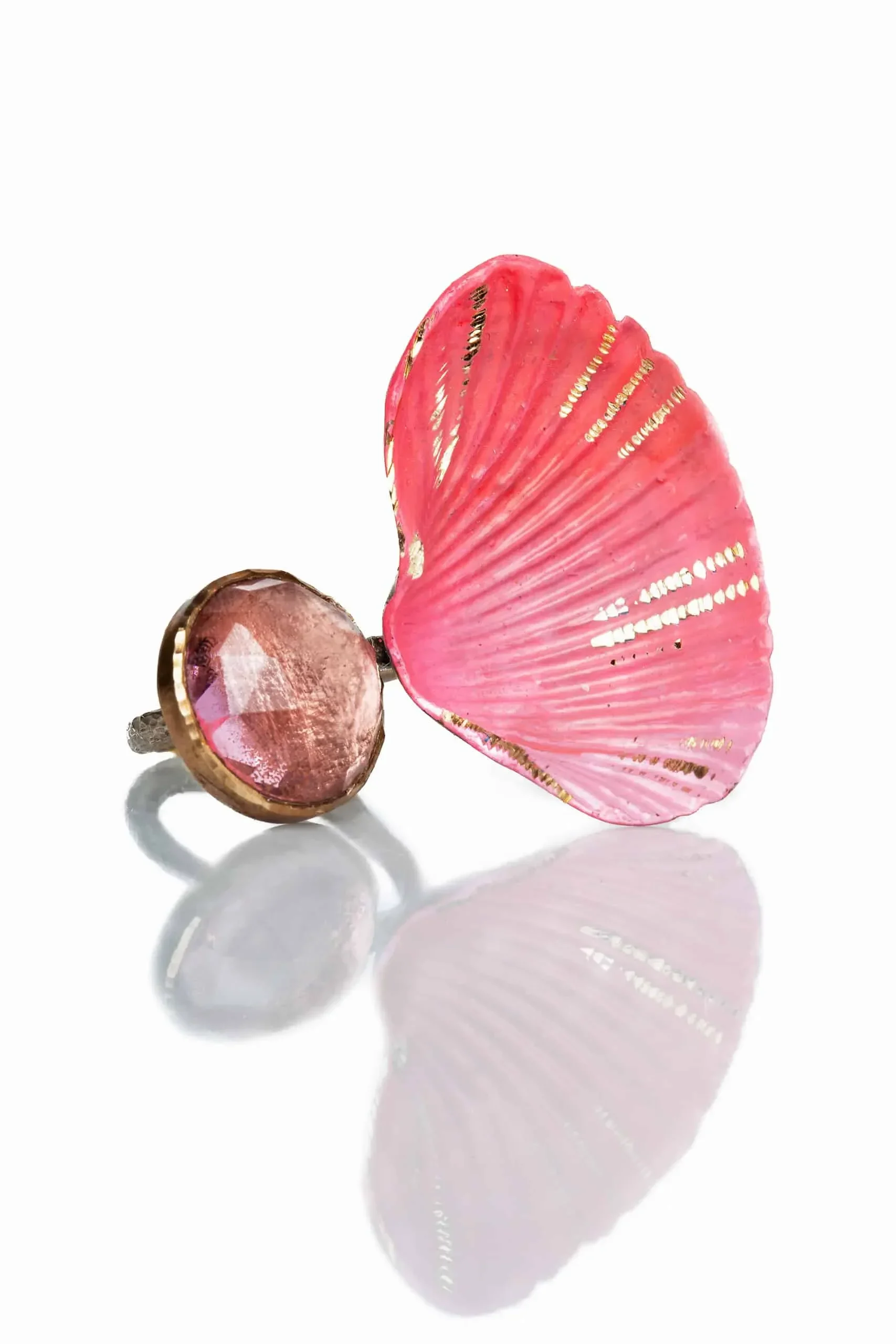 Handmade Jewellery | Seashell bronze ring with crystal and red patina gallery 1