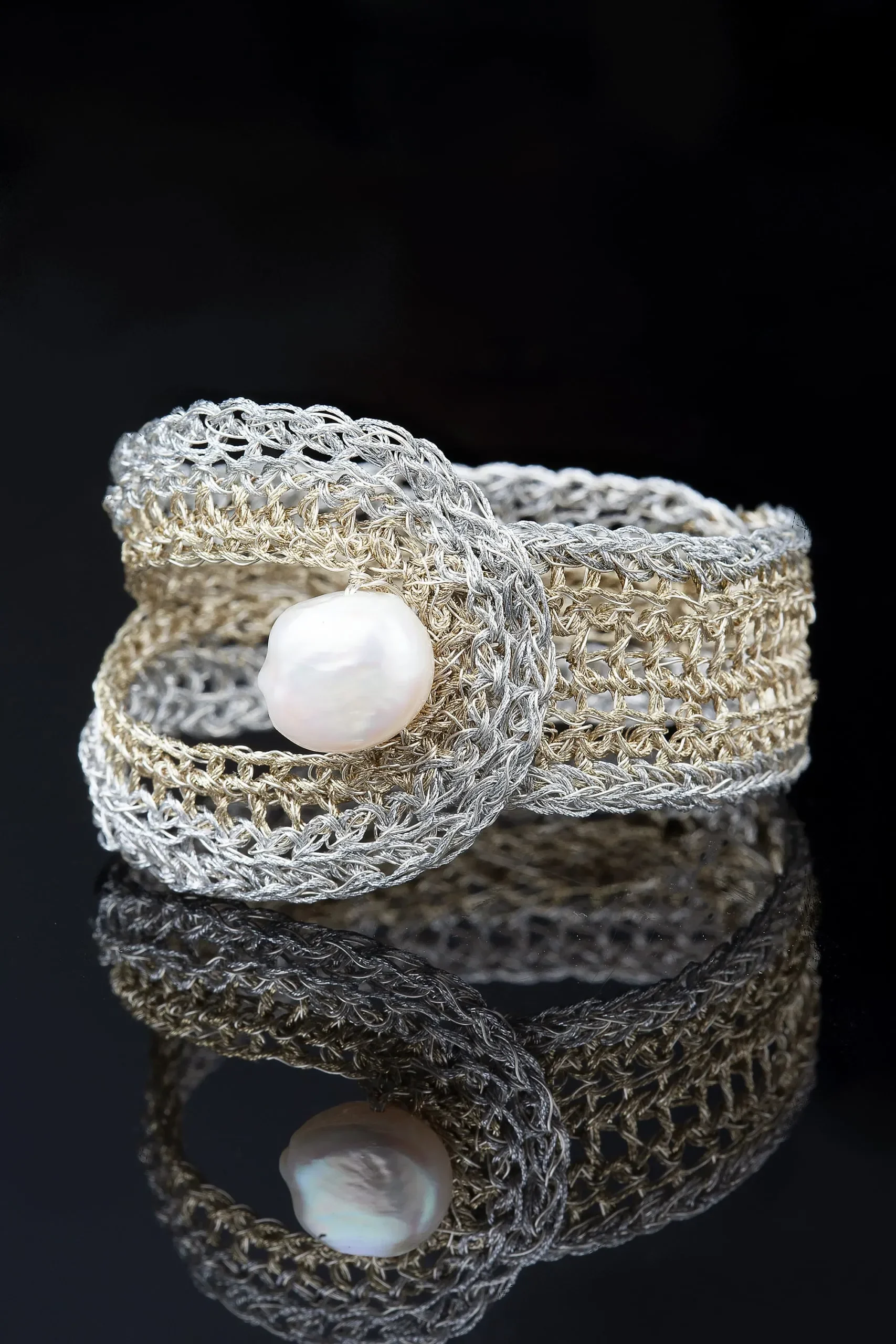 Handmade Jewellery | Crochet knit silver bracelet with pearl gallery 3