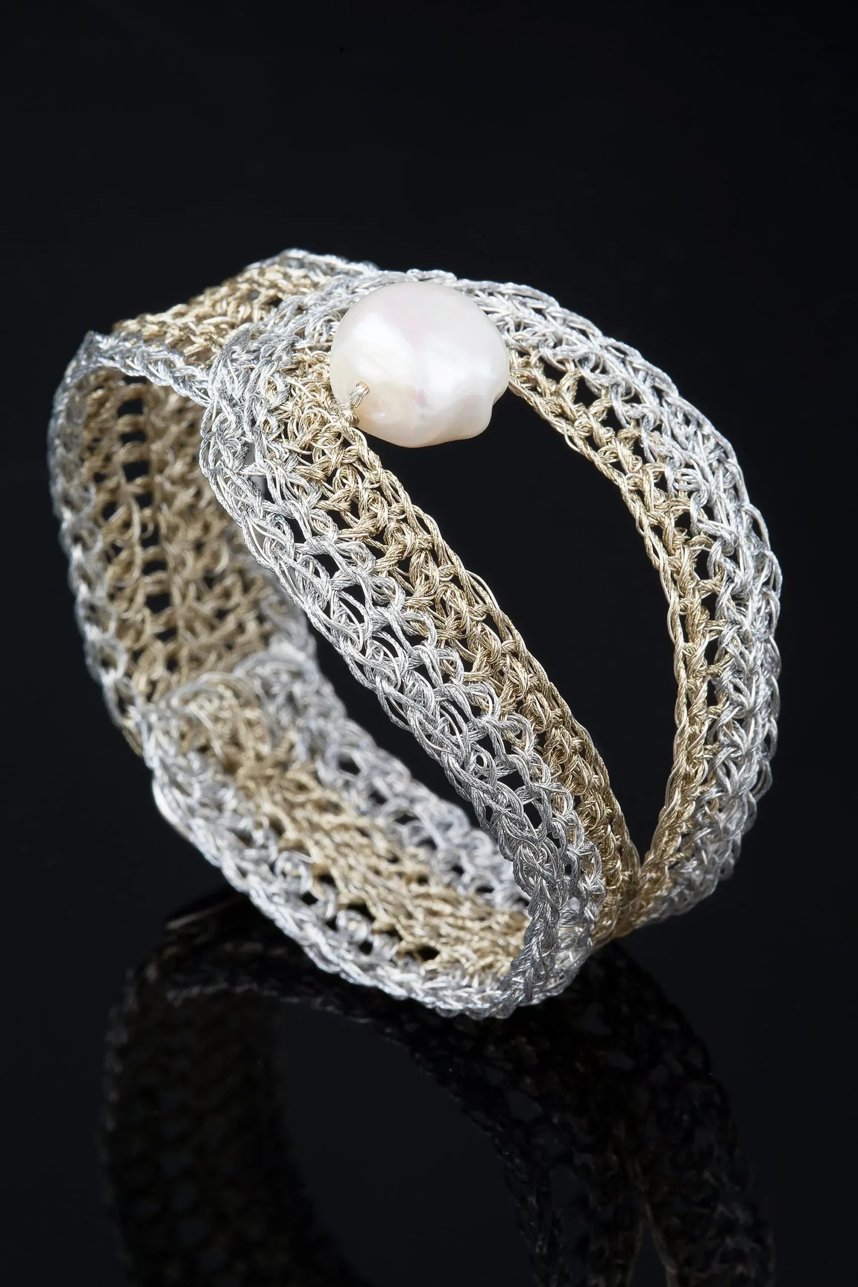 Handmade Jewellery | Crochet knit silver bracelet with pearl gallery 1