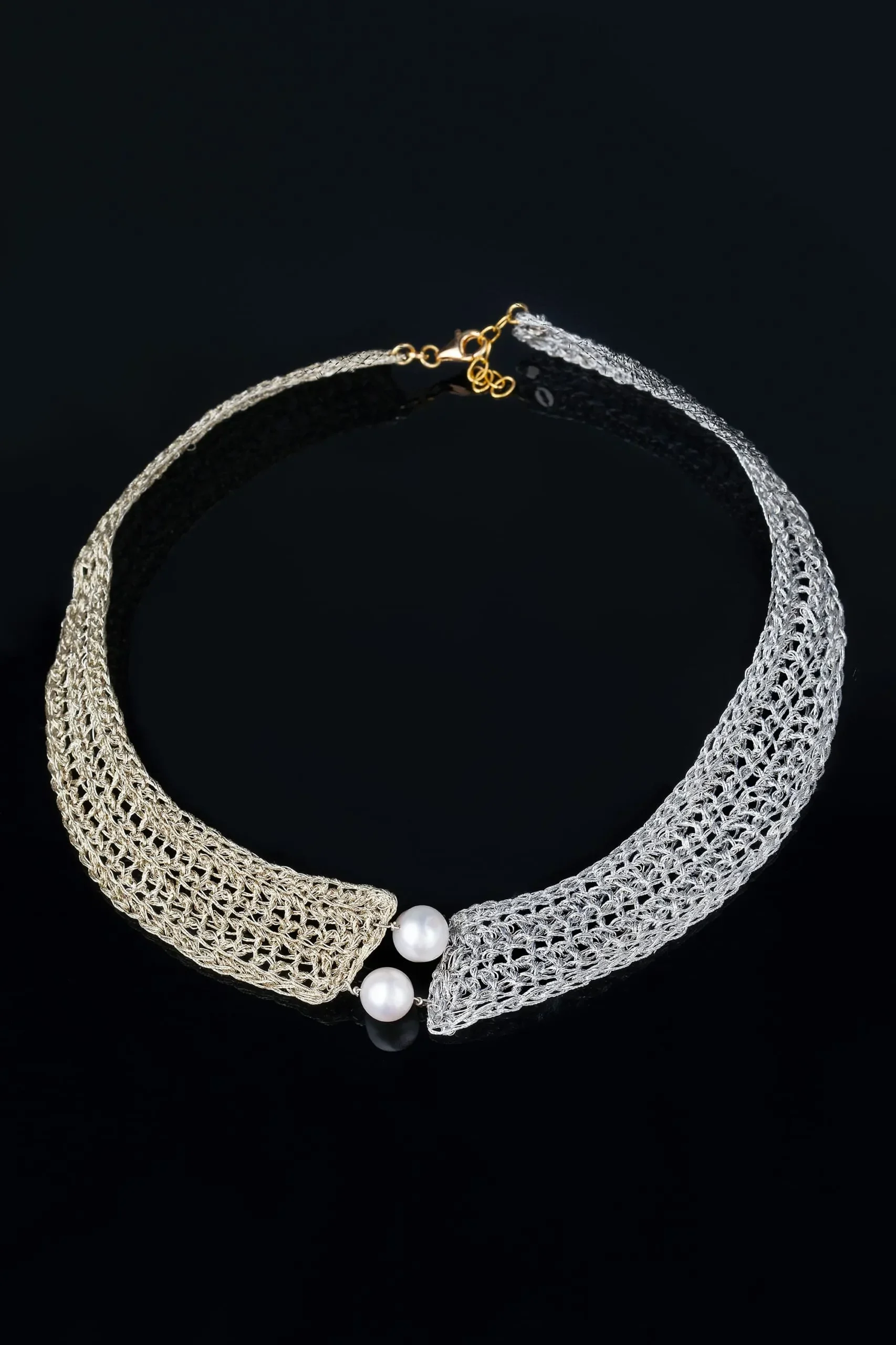 Handmade Jewellery | Crochet knit silver necklace with and pearls gallery 2