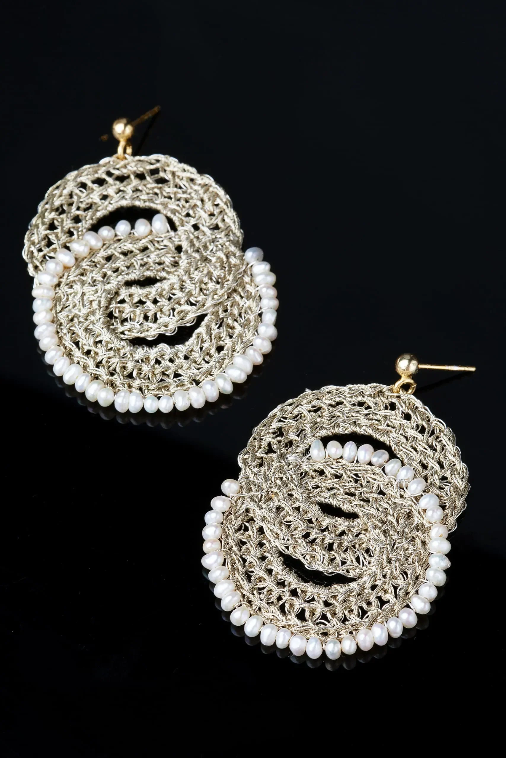 Handmade Jewellery | Crochet knit silver earrings with and pearls gallery 1