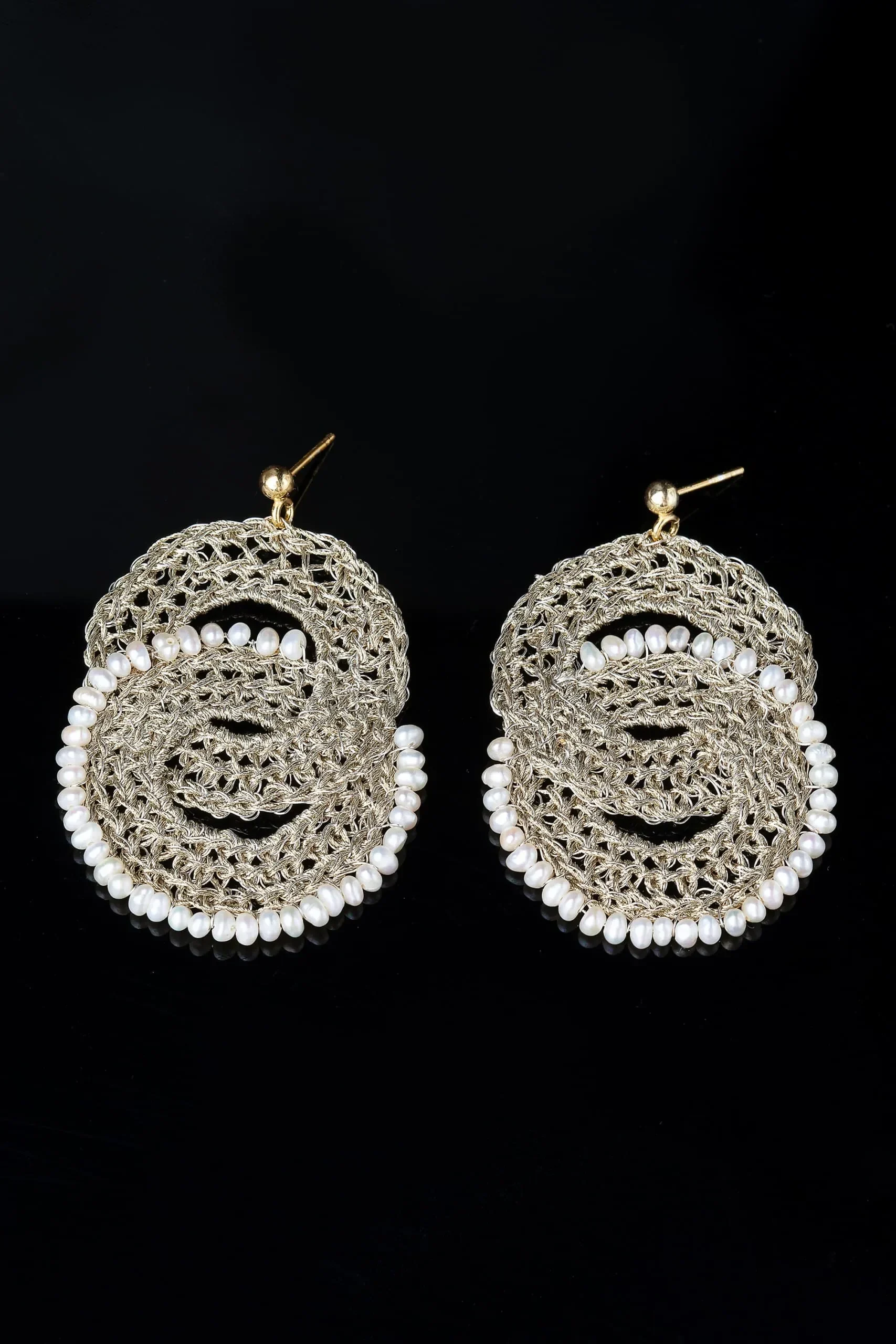 Handmade Jewellery | Crochet knit silver earrings with and pearls gallery 2