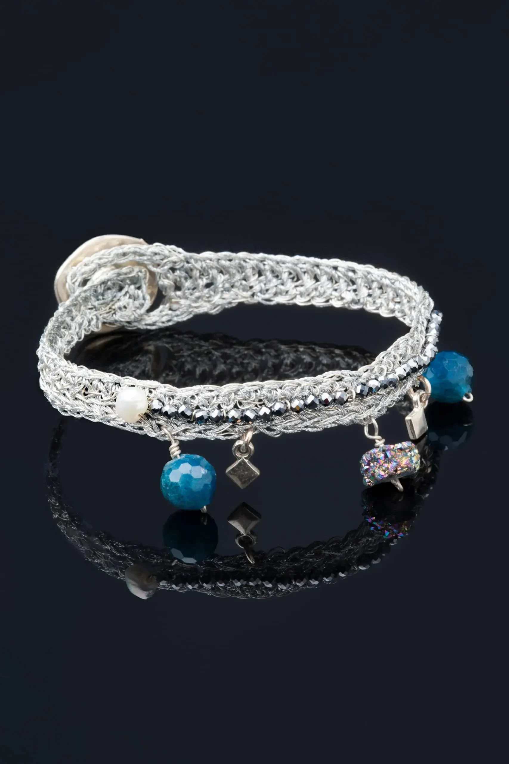 Handmade Jewellery | Crochet knit silver bracelet with jade and pyrite gallery 2