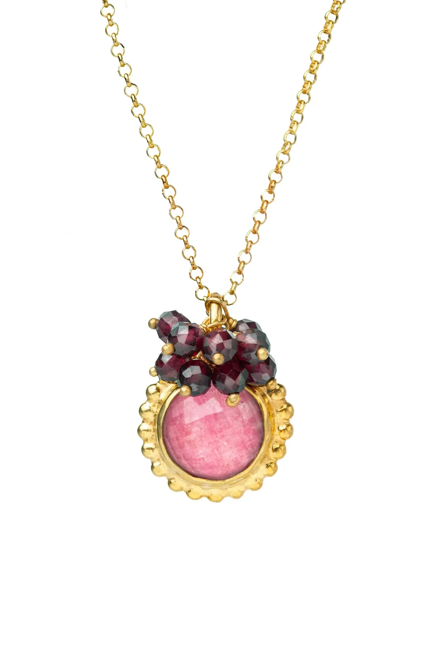 Handmade Jewellery | Tulite and rhodolite gold plated silver pendant main