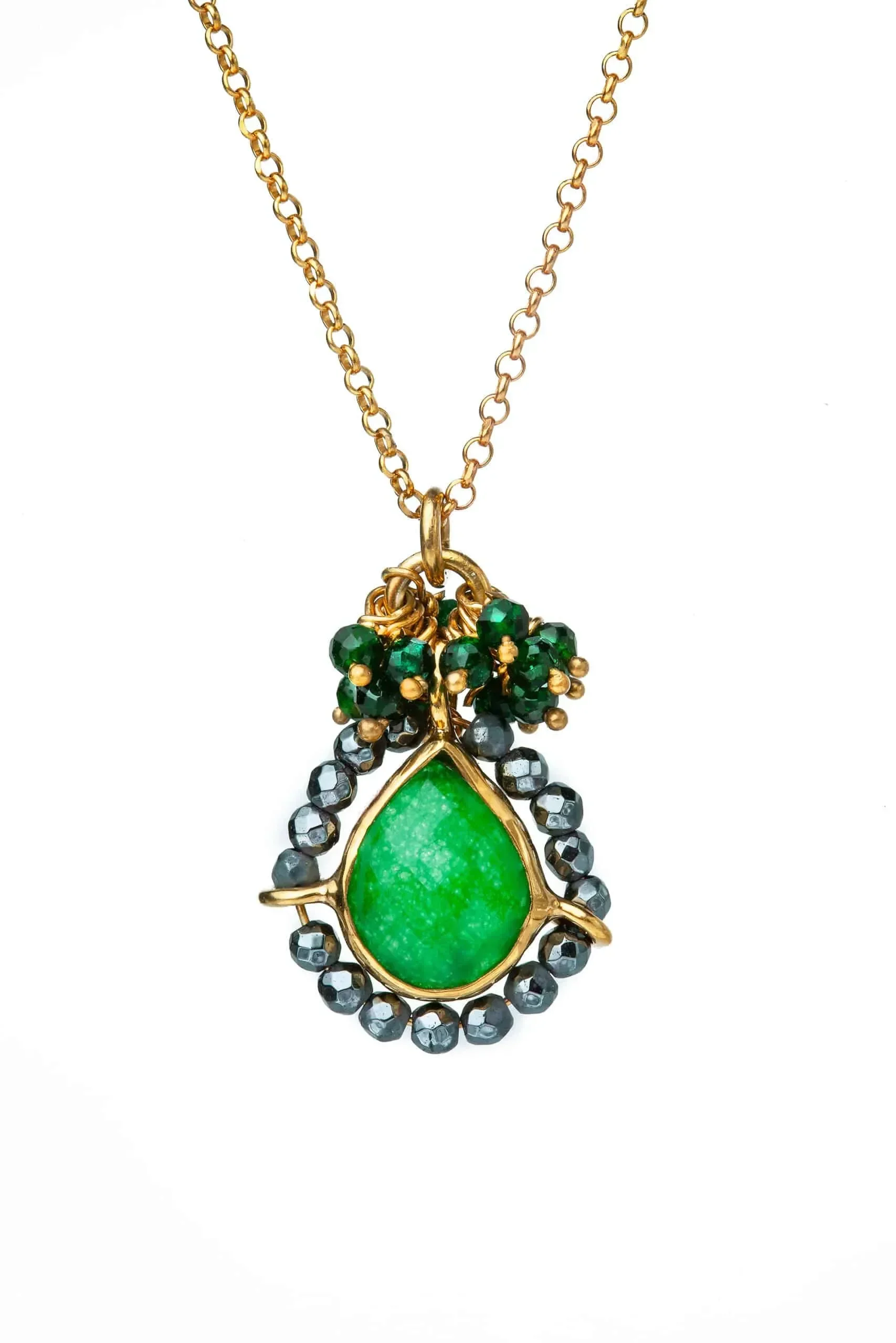 Handmade Jewellery | Teardrop gold plated silver necklace with jade main