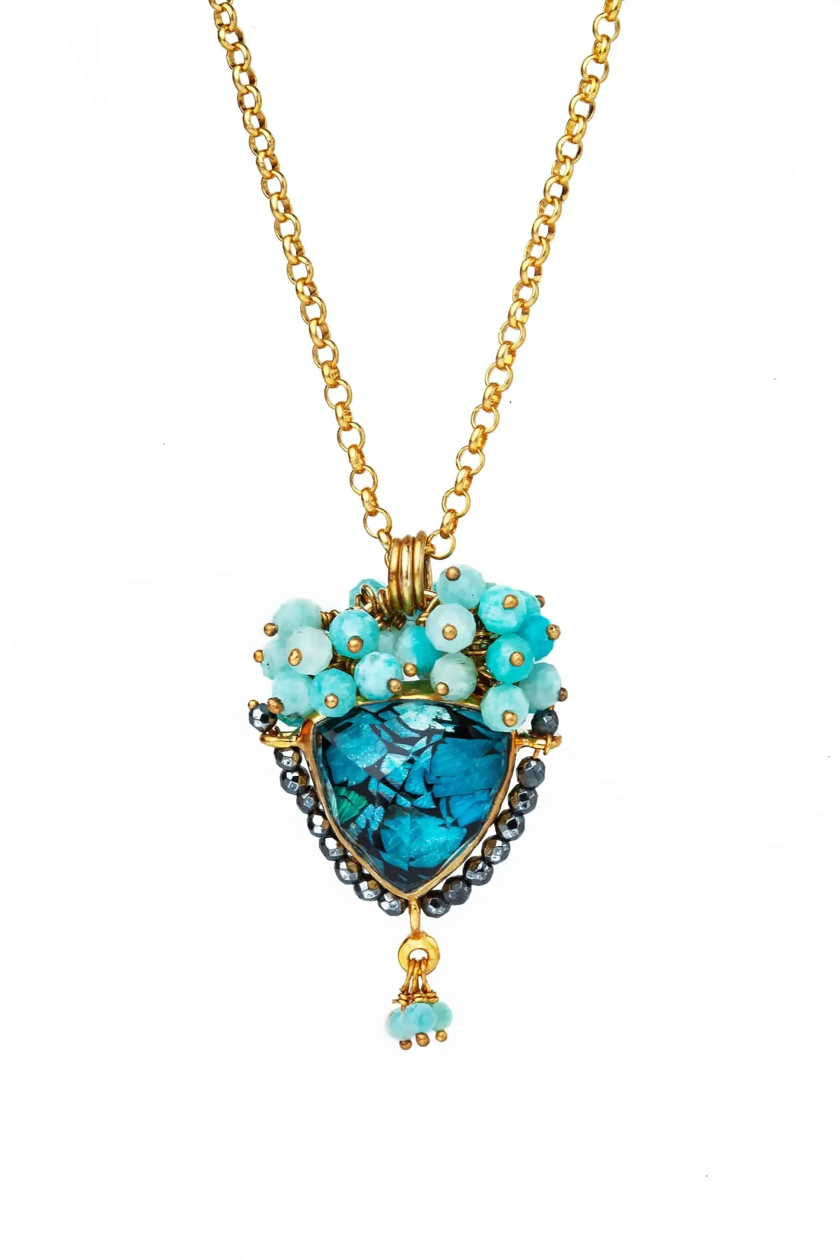 Handmade Jewellery | Triangle gold plated silver necklace with chrysocolla gallery 1