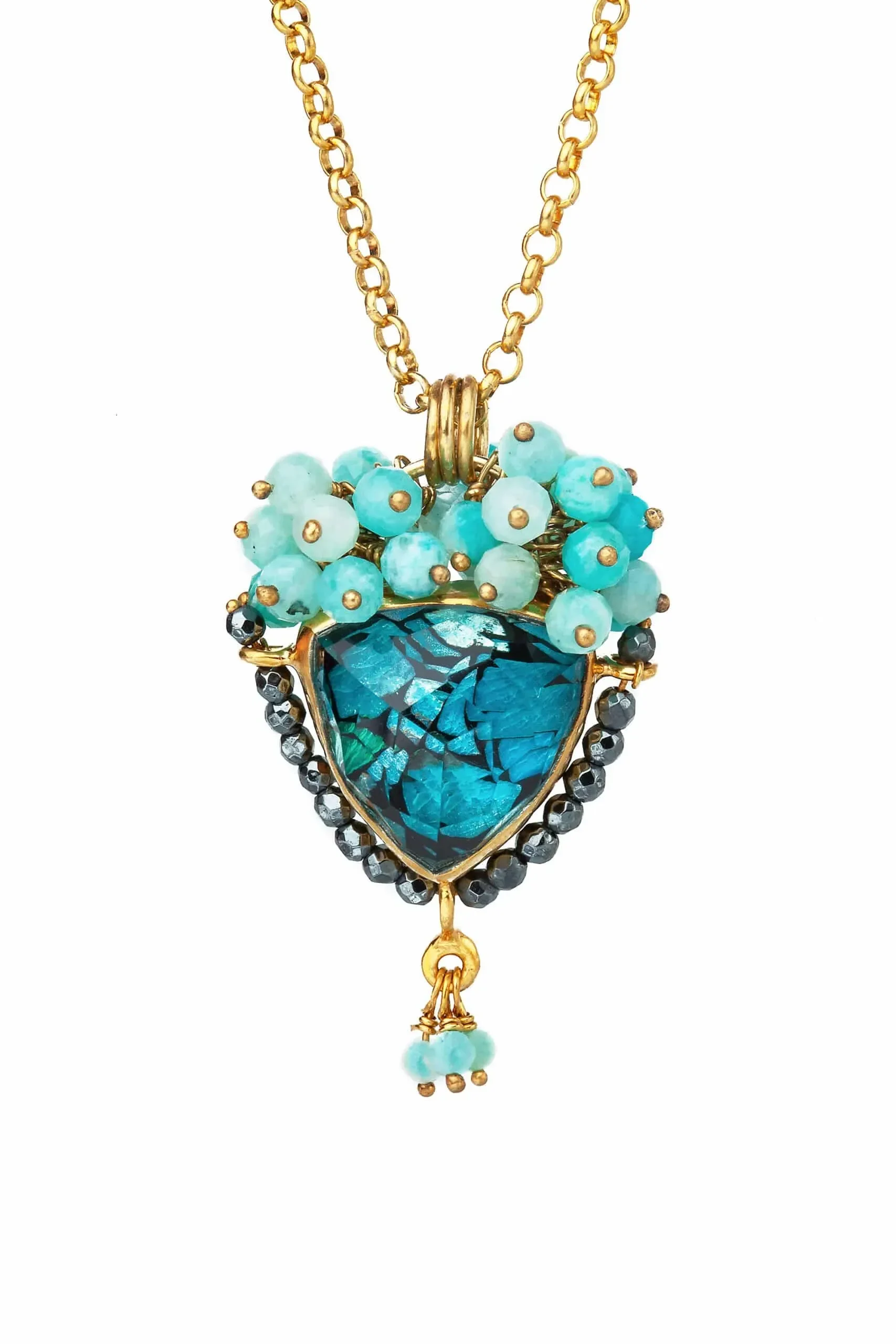 Triangle gold plated silver necklace with chrysocolla