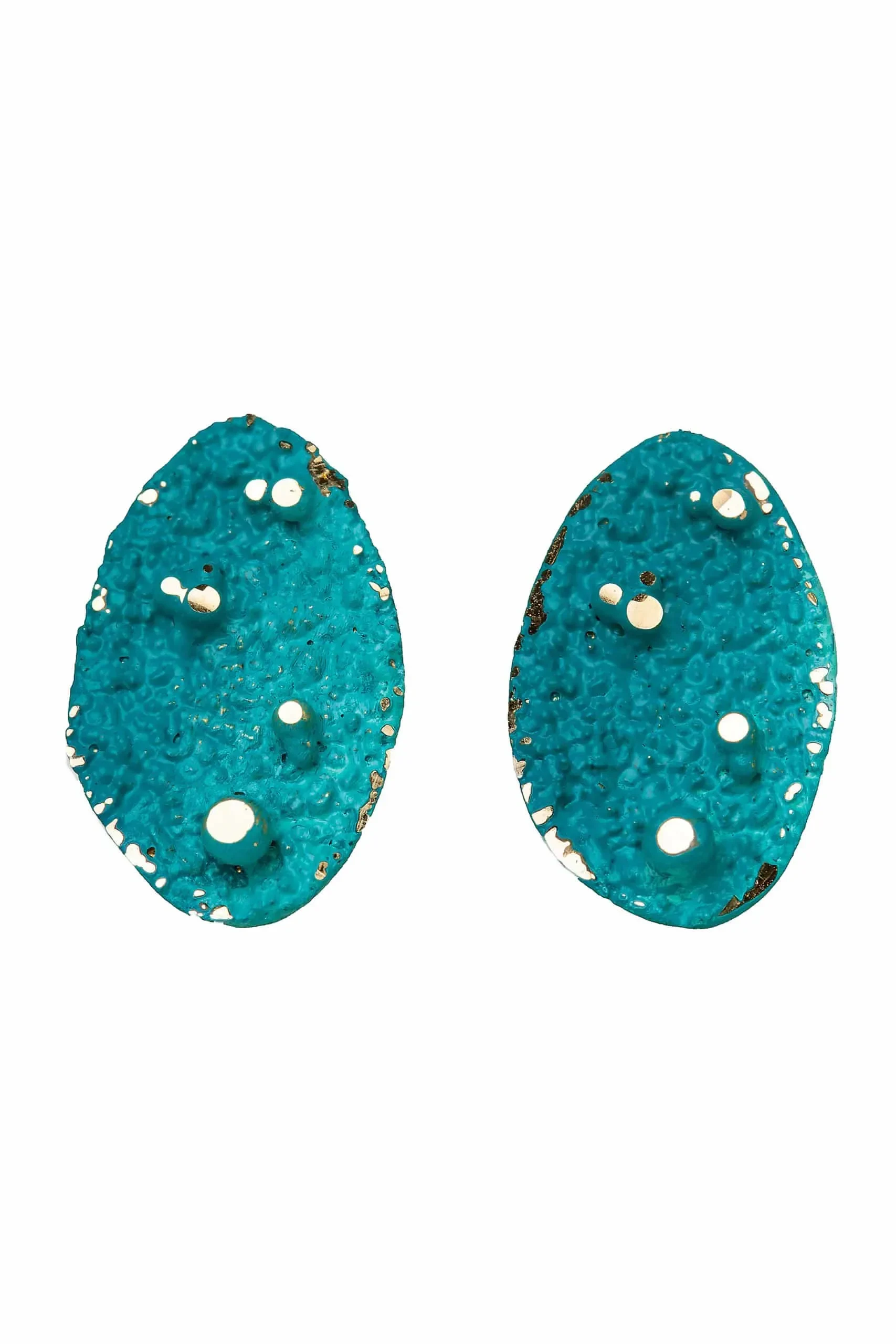 Handmade Jewellery | Oval stud bronze earrings with light blue colored patina and silver push backs main