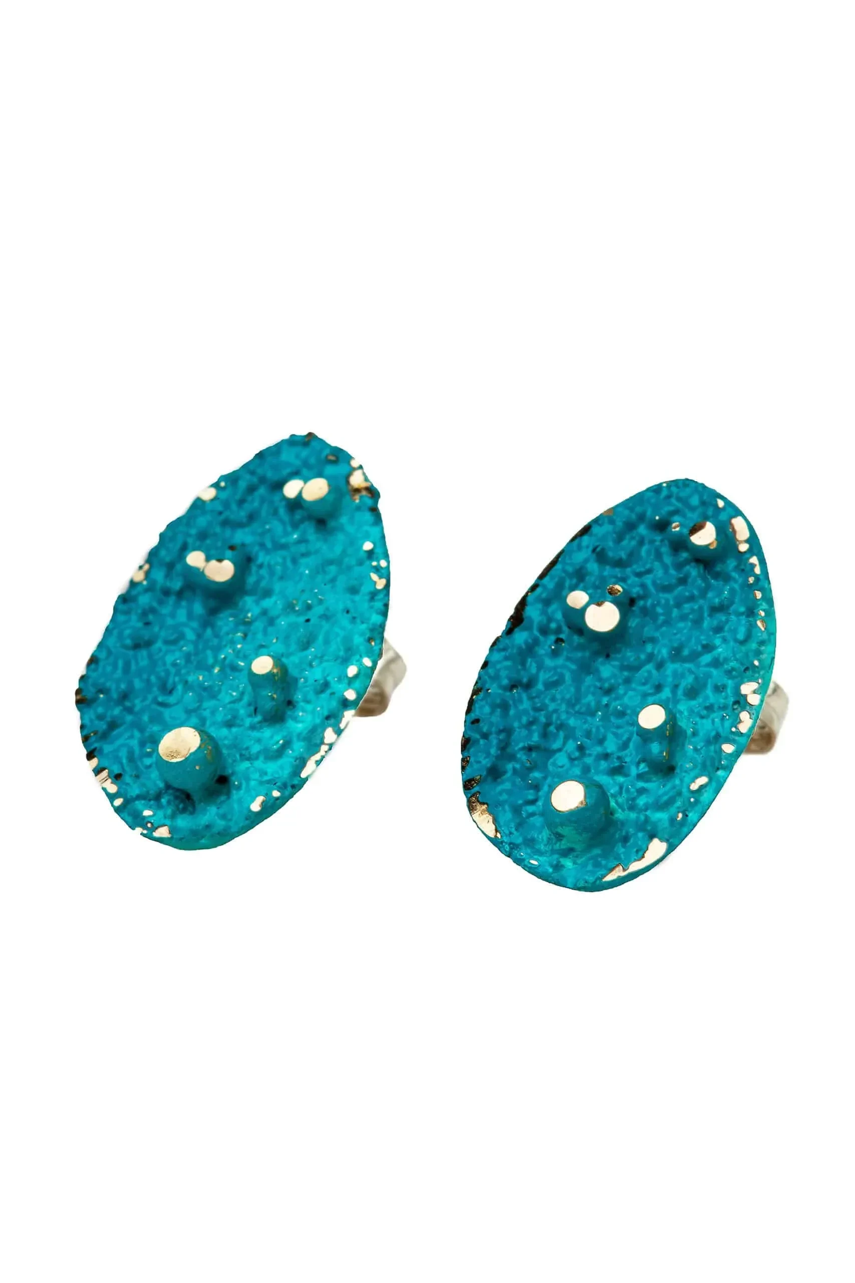 Handmade Jewellery | Oval stud bronze earrings with light blue colored patina and silver push backs gallery 1