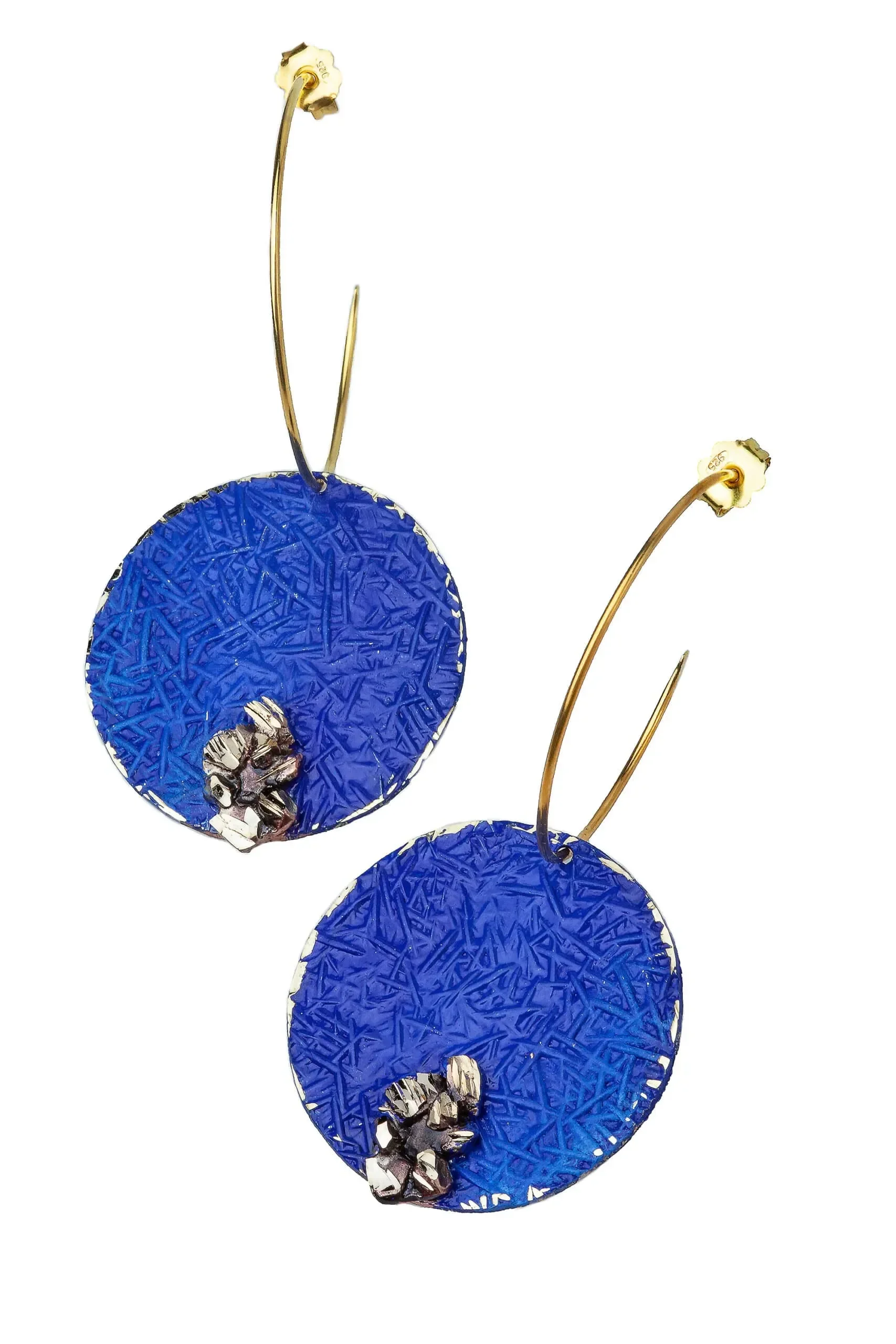 Handmade Jewellery | Gold plated silver and bronze hoops with blue patina gallery 1