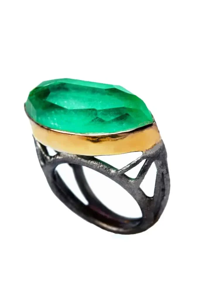 Jade gold and black rhodium plated silver ring