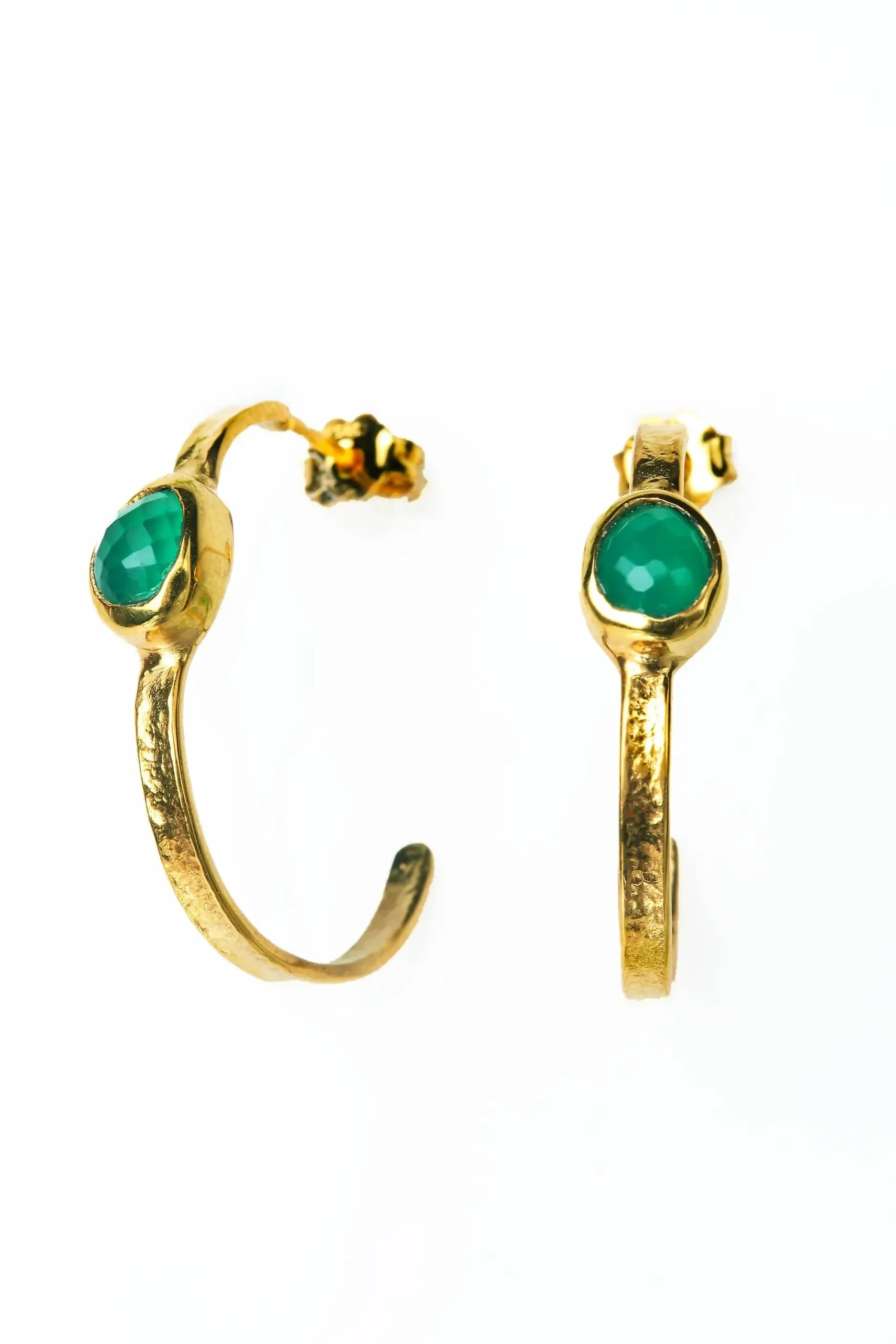 Green onyx gold plated silver hoops