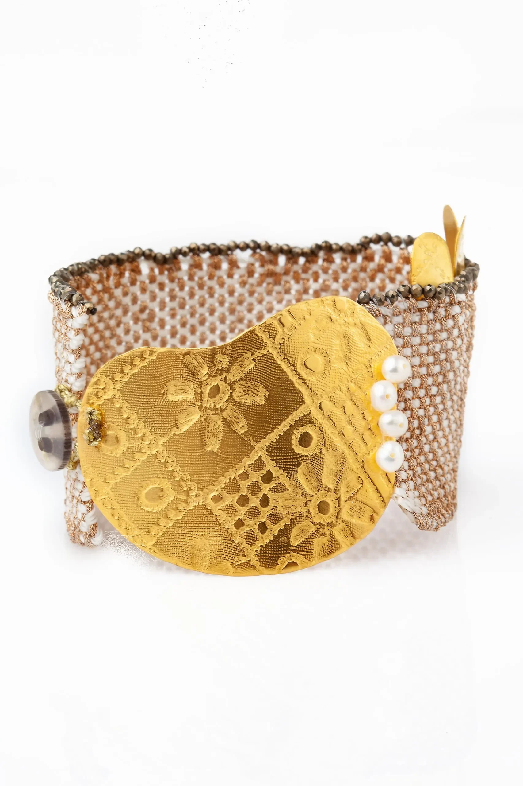 Handmade Jewellery | Woven light brown bracelet with gold plated silver and pyrite gallery 4