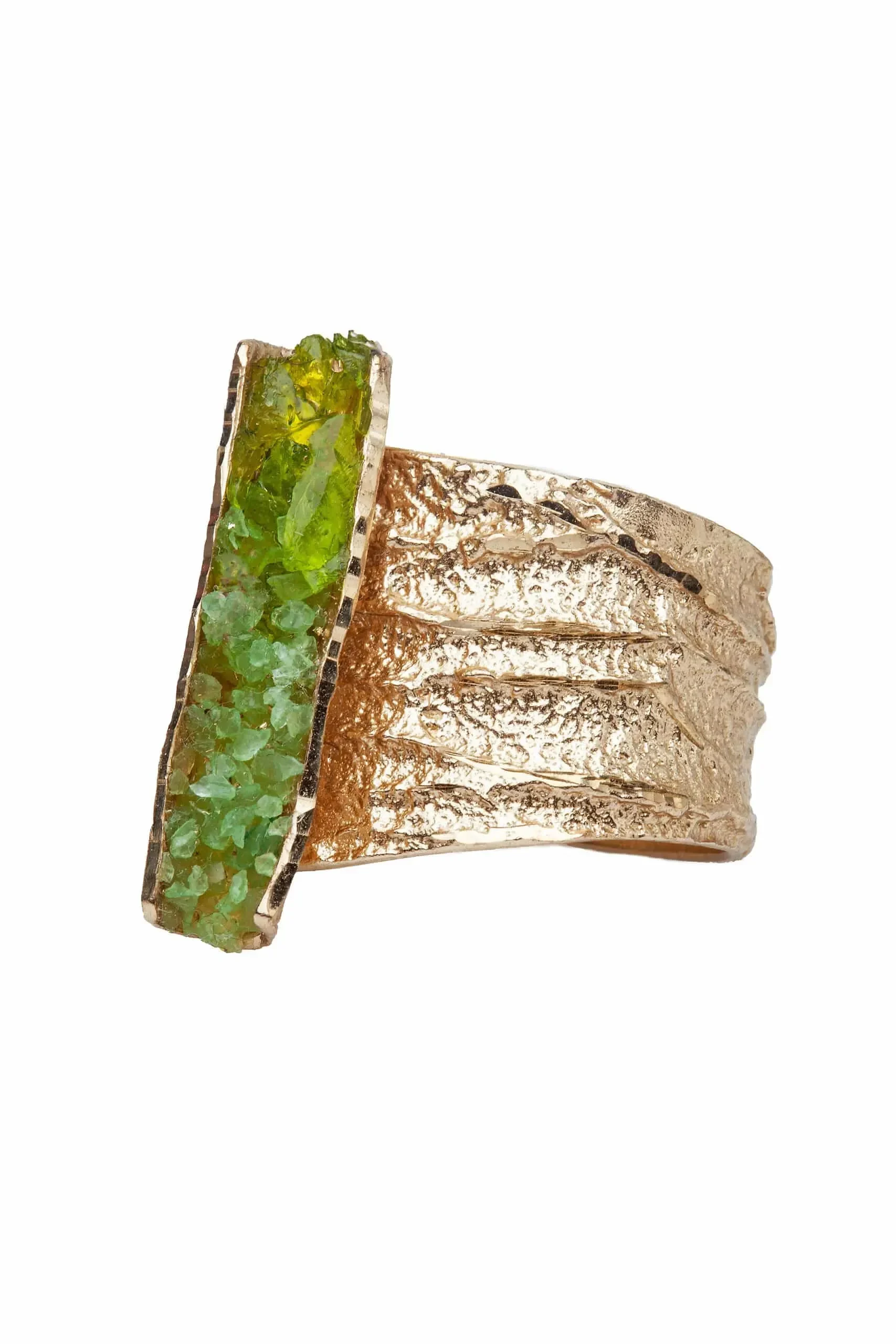 Handmade Jewellery | Unique bronze ring with gold patina and green crystals gallery 1