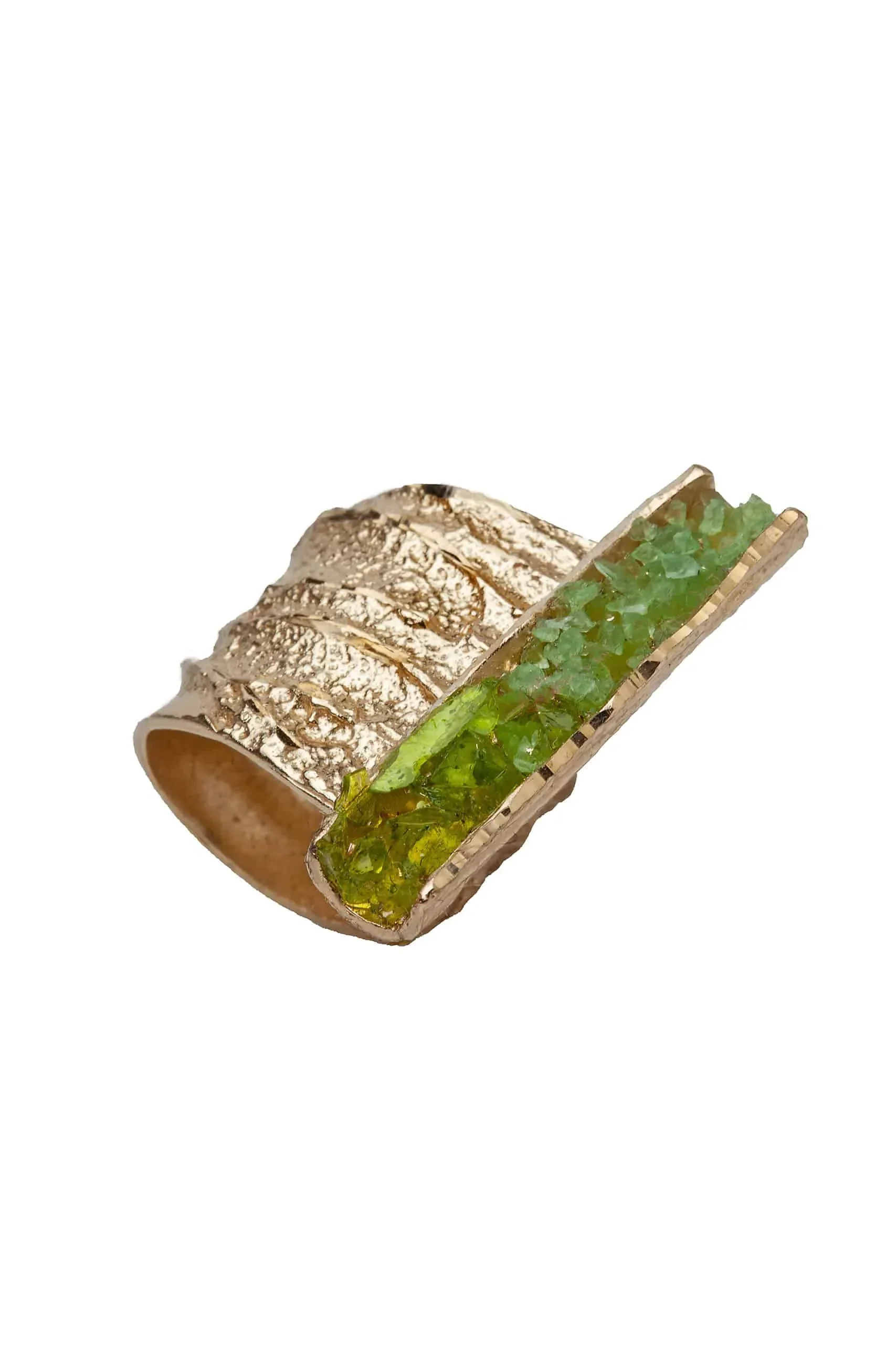 Handmade Jewellery | Unique bronze ring with gold patina and green crystals gallery 2